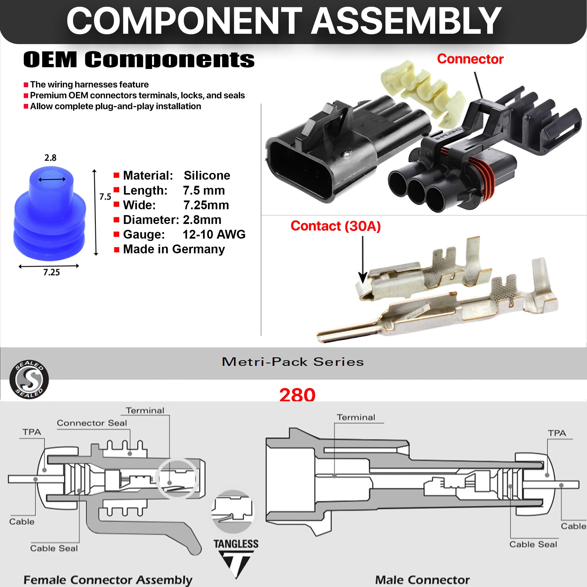 3-Way - 30Amp Metri-Pack Waterproof Connector Terminals And Seals 3-Pin 10-12 Awg