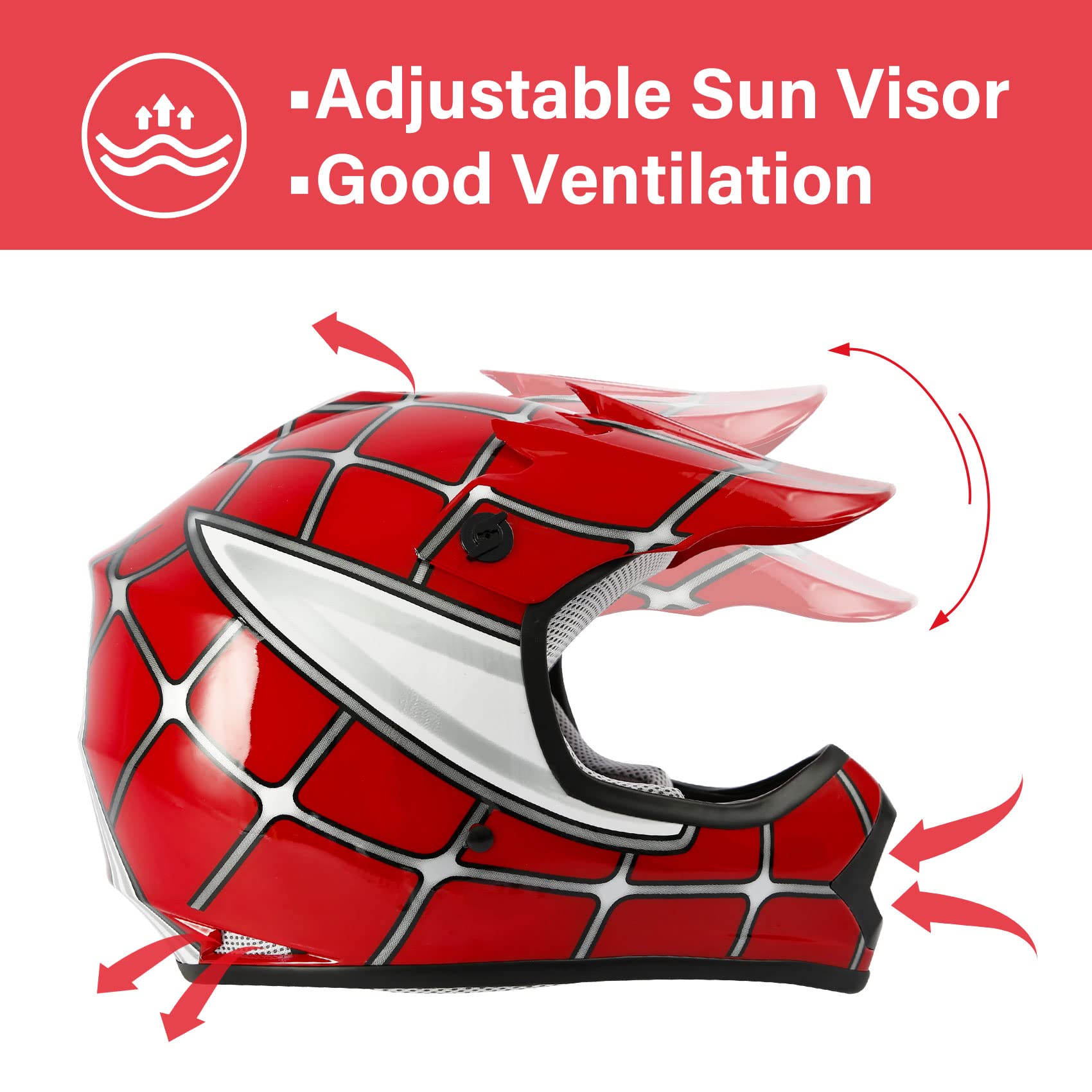 Tcmt Dot Youth & Kids Motocross Offroad Street Helmet Red Spider Motorcycle Youth Helmet Dirt Bike Motocross Atv Helmet+Goggles+