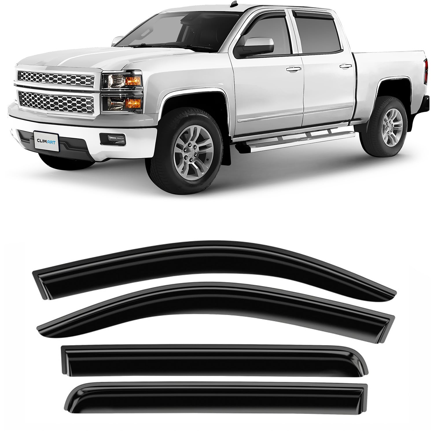 Clim Art Incredibly Durable Rain Guards For Chevrolet (Chevy) Silverado/Gmc Sierra 2014-2018 Crew Cab, Tape-On Window Deflectors