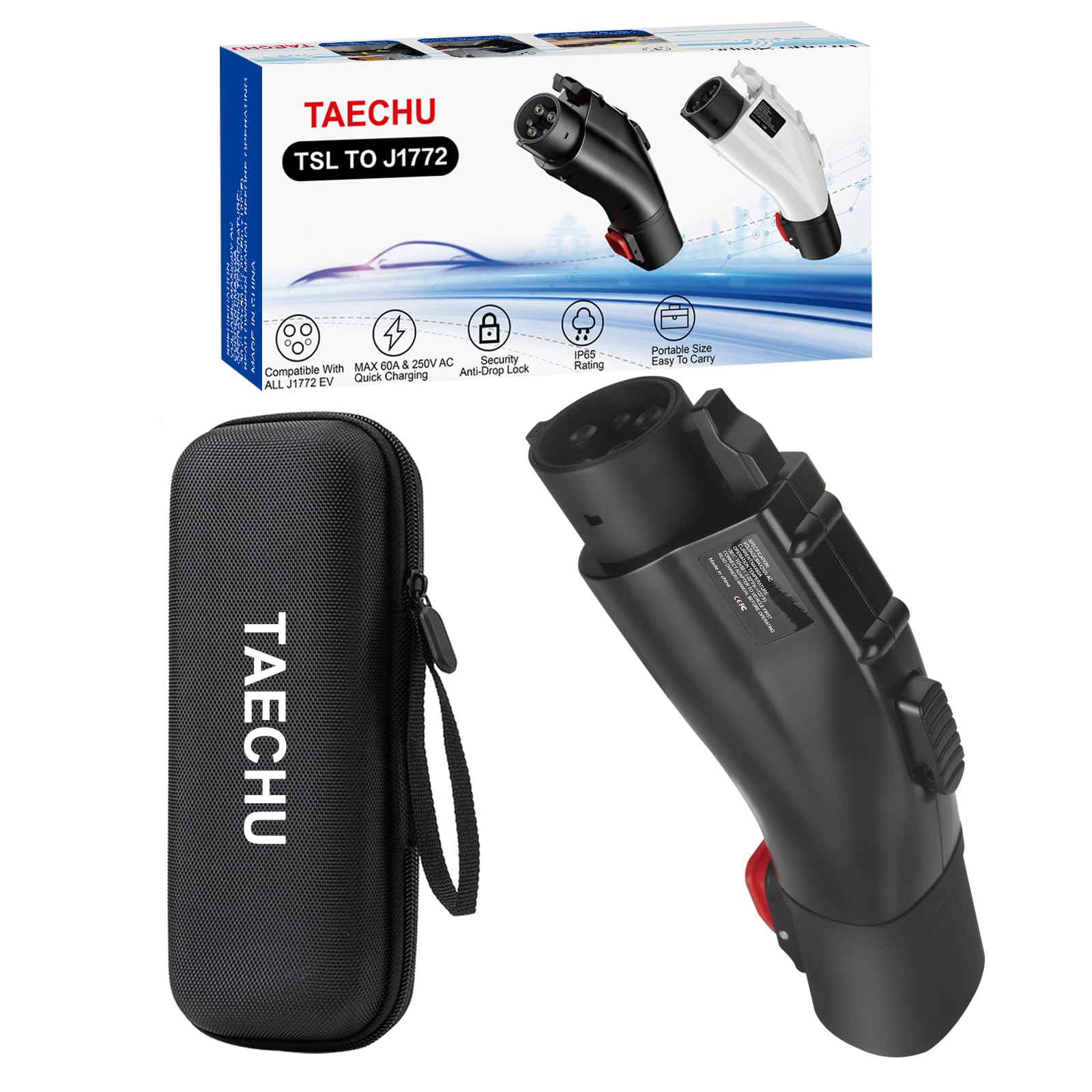 [Only For J1772 Ev Use] Tesla To J1772 Adapter, Max 60 Amp & 250V, Taechu J1772 Ev Charging Adapter With Anti-Drop Lock, Compatible With Tesla Wall/Destination/Mobile Chargers(With A Storage Box)
