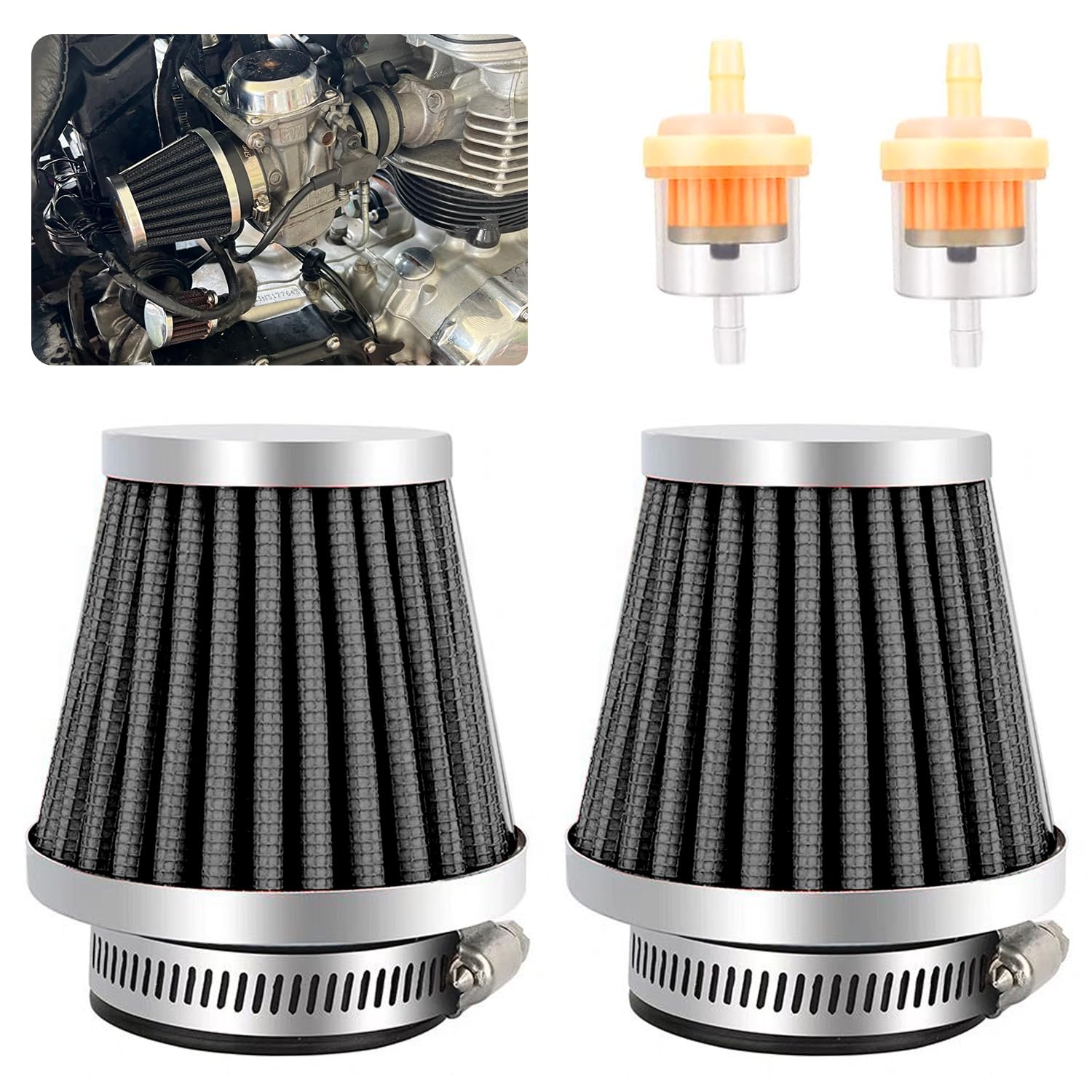 smseace 4pcs 50mm Motorcycle Air Filter with 3/16'' Fuel Filter replace for 70cc 100cc 110cc 125cc 150cc 200cc Moped Scooter ATV