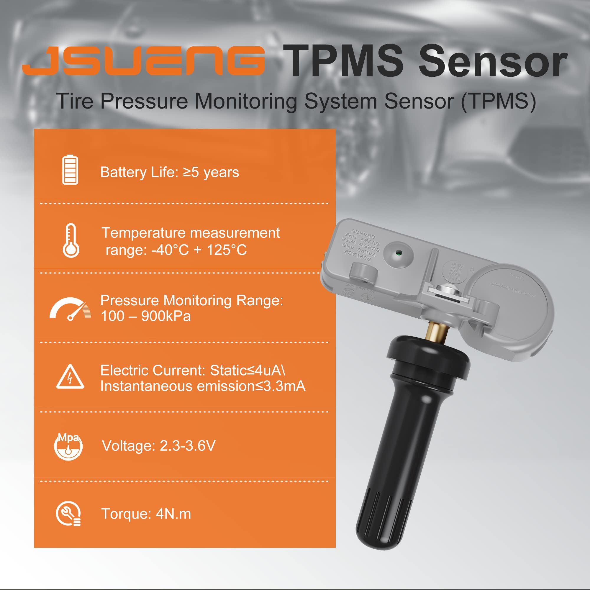 Jsueng TPMS Sensor 4-Pack for Buick Cadillac Chevy GMC - OE#13581558, Stainless Steel, Model 13581558