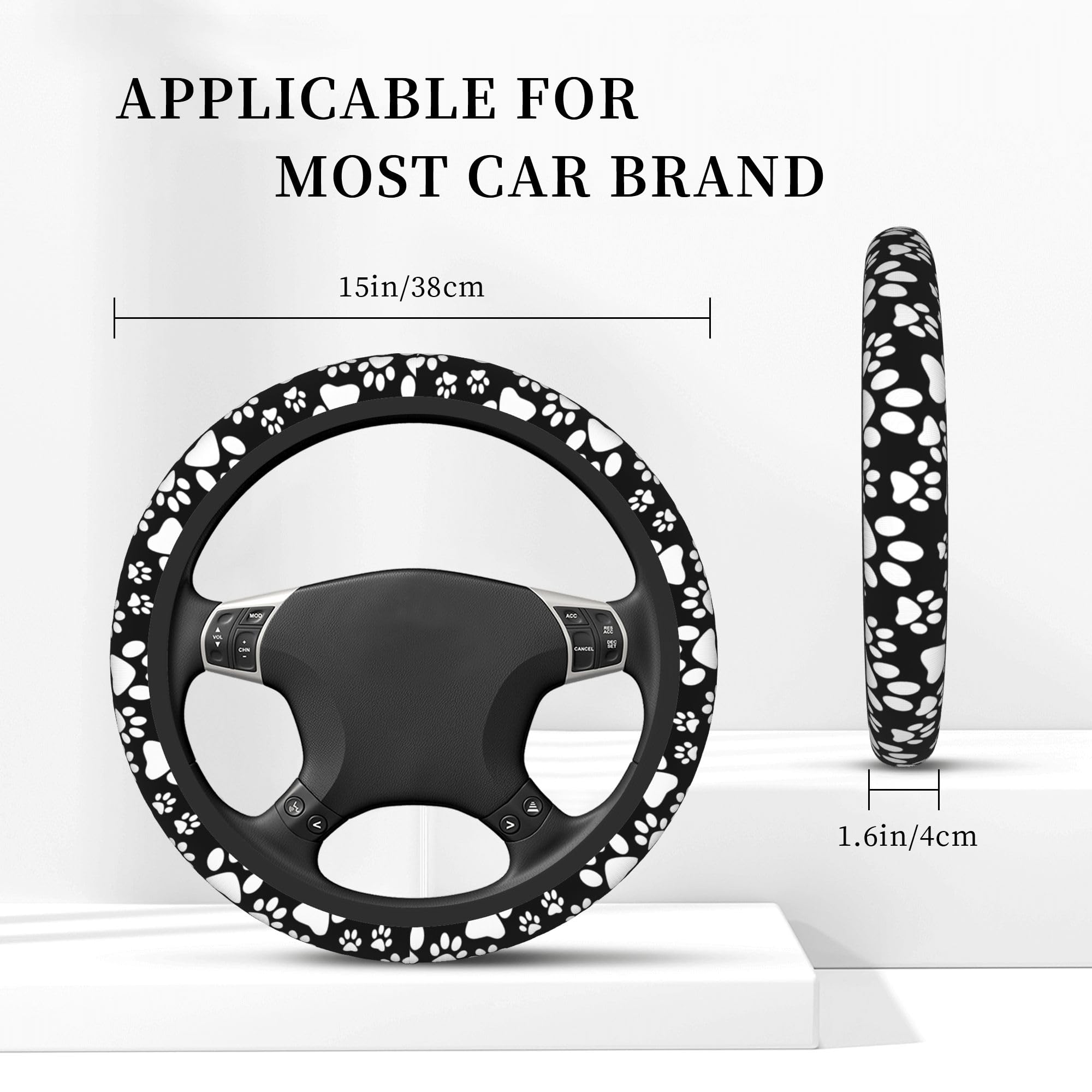 Lovely Black White Dog Paws Print Steering Wheel Cover Anti-Slip Universal 15 inch Cute Car Steering Wheel Cover for Women Girls