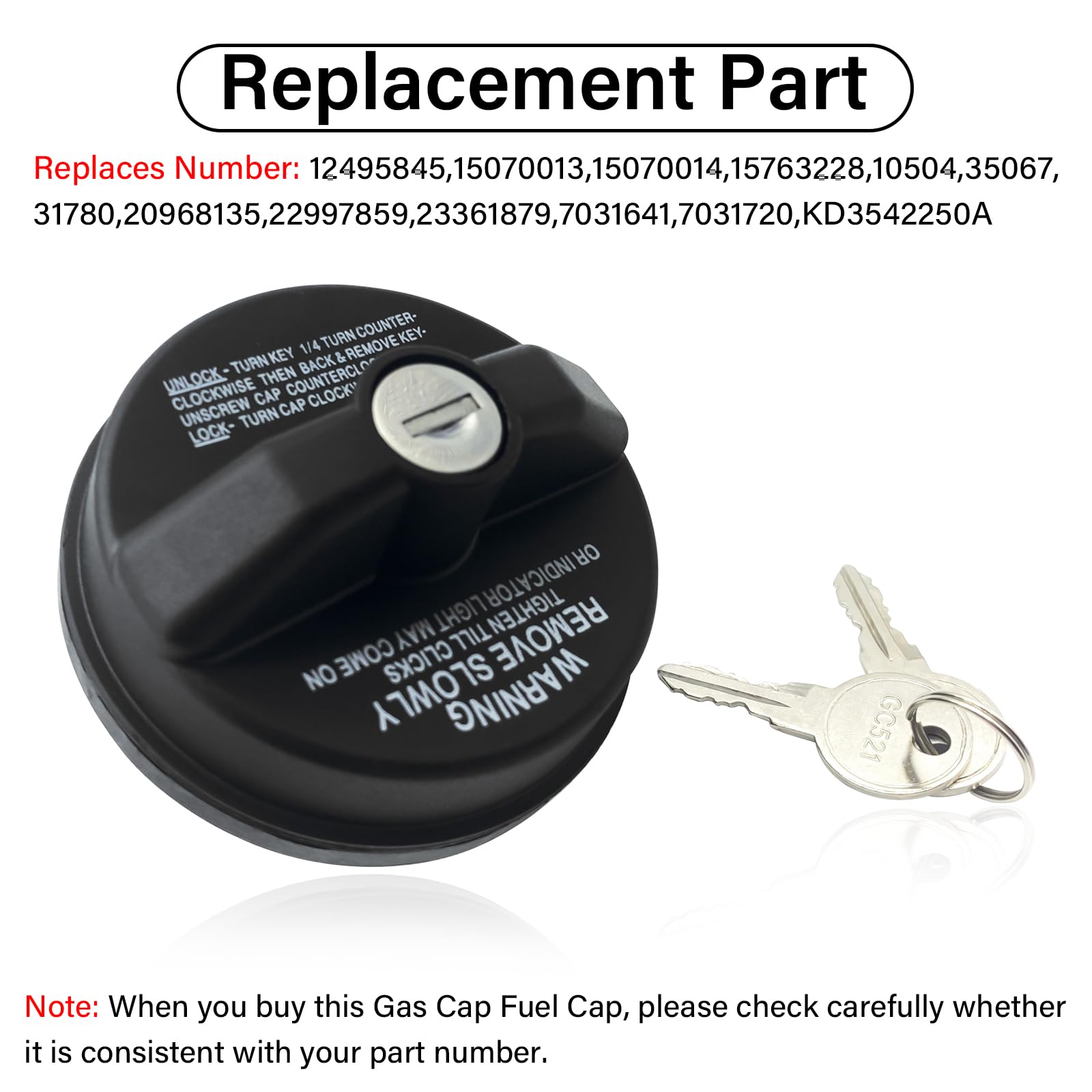 Gas Cap, Locking Gas Cap 12495845 for Chevy, GMC, Honda, Nissan, Subaru, Acura, Buick, Cadillac, Isuzu, Mitsubishi, Suzuki, Pont