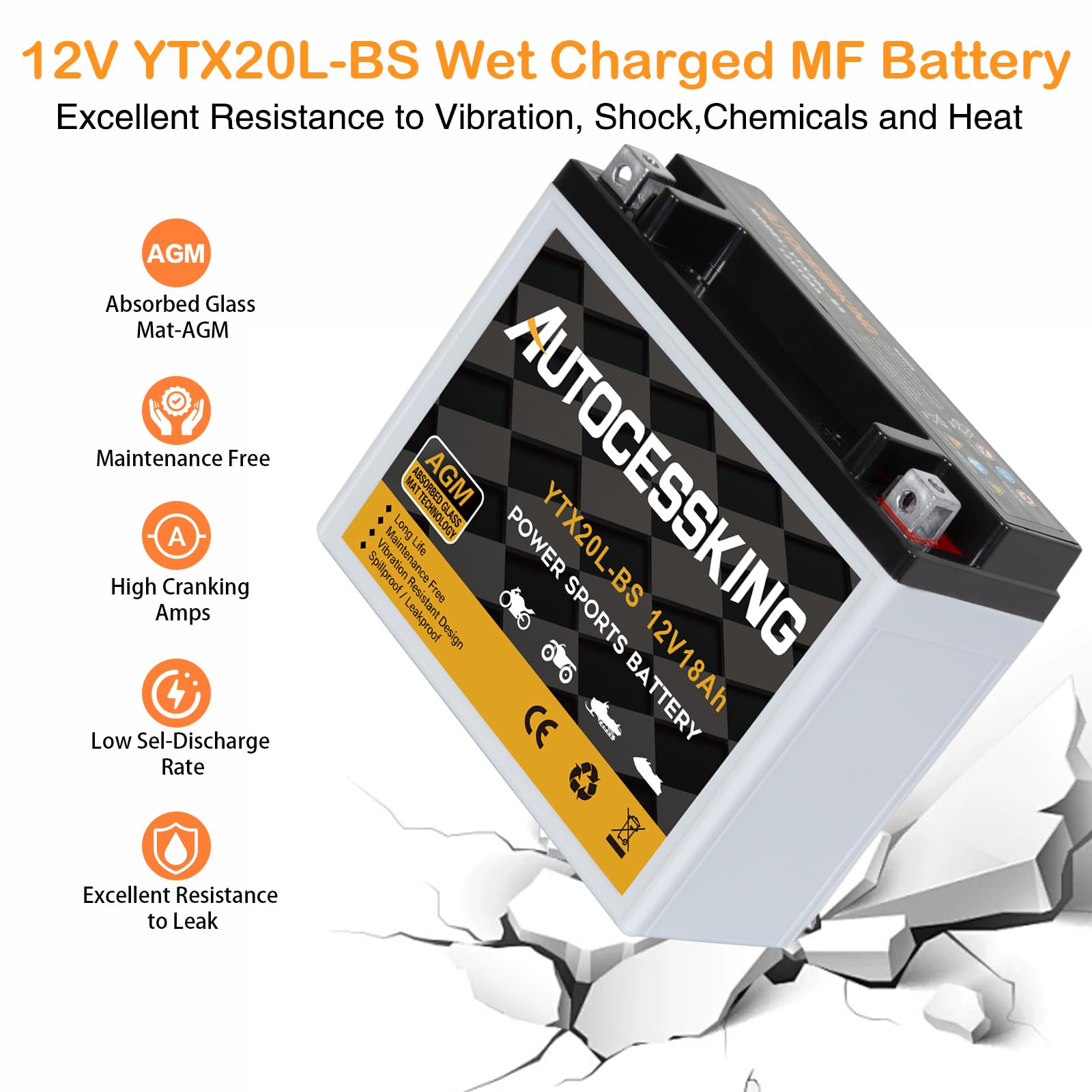 Autocessking Ytx20L-Bs 12V 18Ah Motorcycle Battery, Rechargeable Sealed Agm Battery Maintenance Free Powersport Replacement Batt