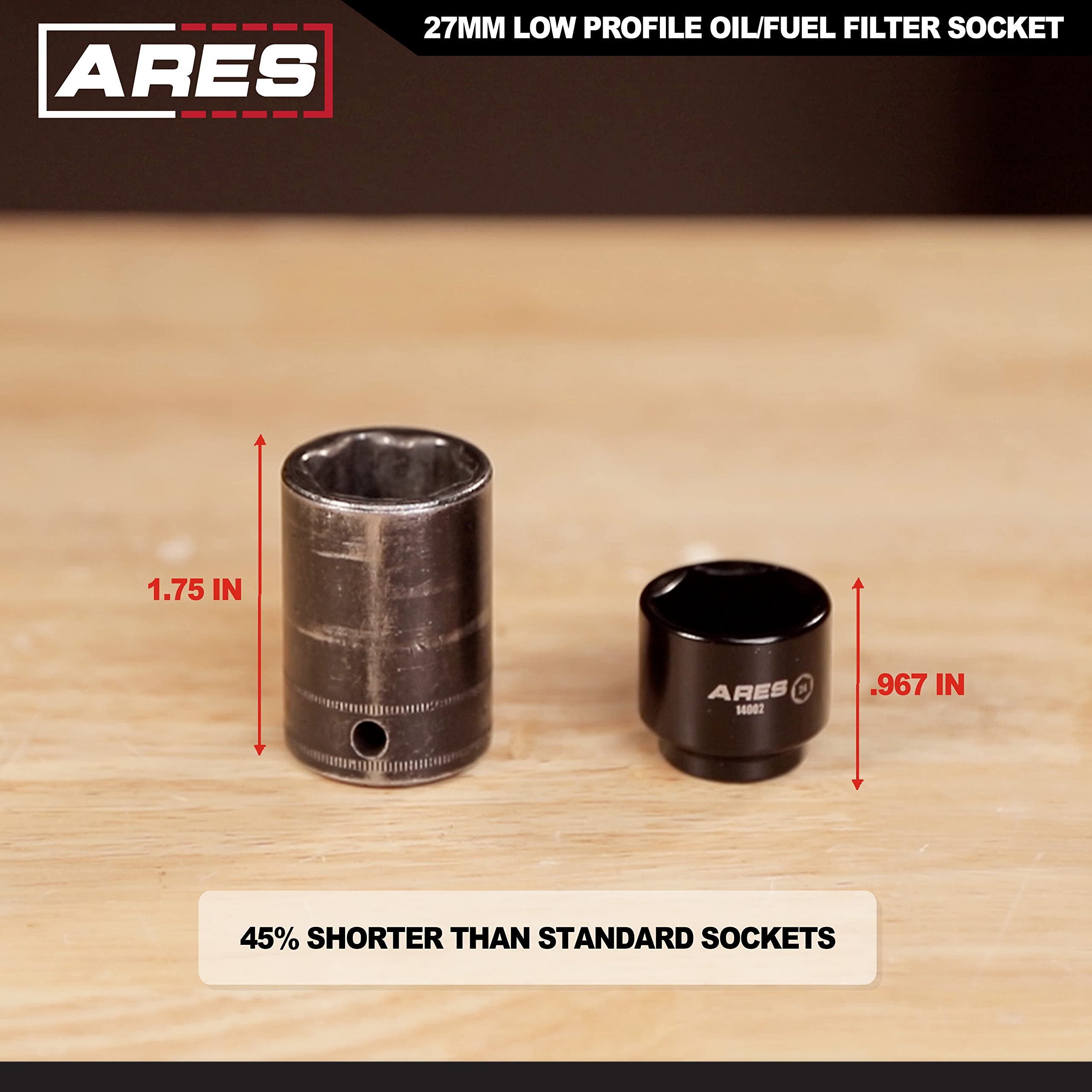 Ares 14003-27Mm Low Profile Fuel Filter Socket - Low Profile Design For Easy Access - Chrome Vanadium Steel With Manganese Phosp