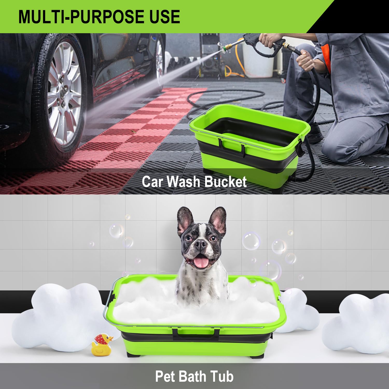 Newmkr Collapsible Bucket 5.5 Gallon with Wheels & Handle, 2-in-1 Foldable Car Wash Bucket with Drain Plug for Pressure Washer,