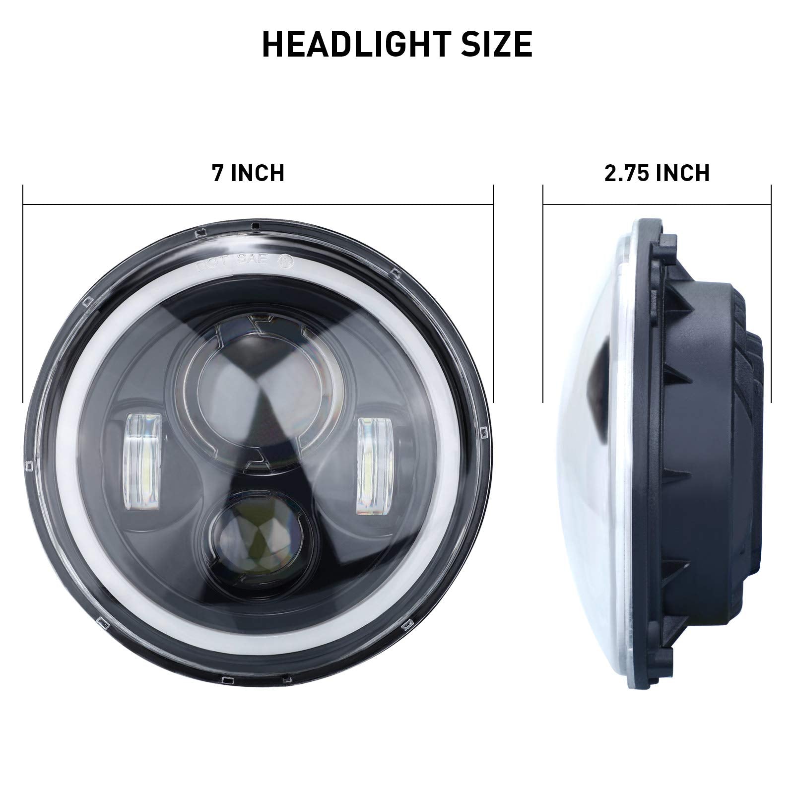 Kaslight 7 Inch Round Led Headlights H6024 Halo Headlights 7'' Black Headlamps High Low Sealed Beam H4-H13 Adapter Compatible With Jeep Wrangler Jk Tj Lj Cj Hummber H1 H2 (Pair)