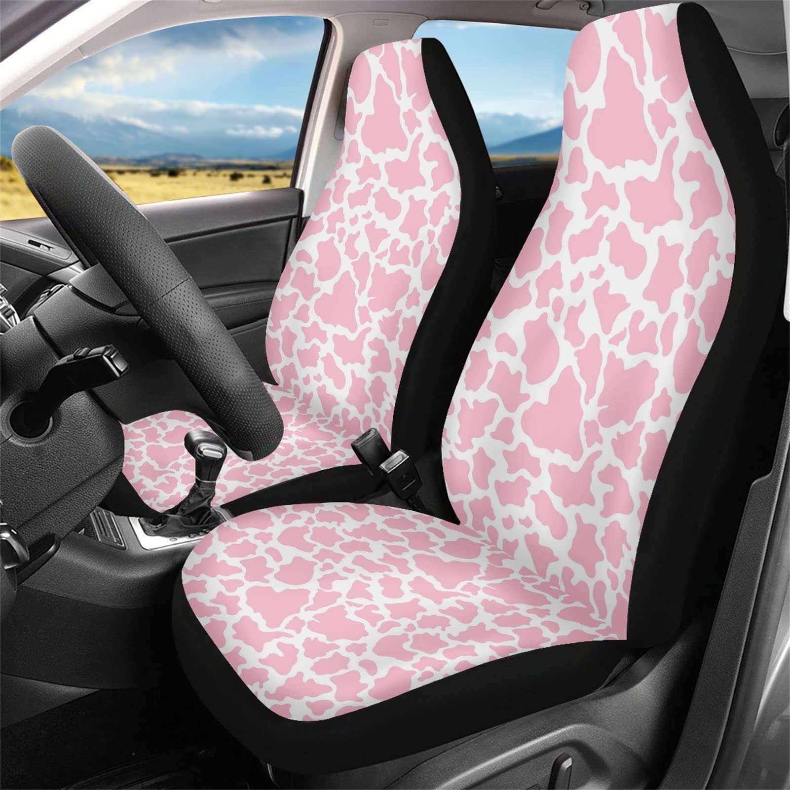 Dreaweet Pink Cow Animal Print Car Seat Cover 2 Pcs Car Accessories for Women Ladies Soft Car Seat Cushion Durable Auto Front Bu