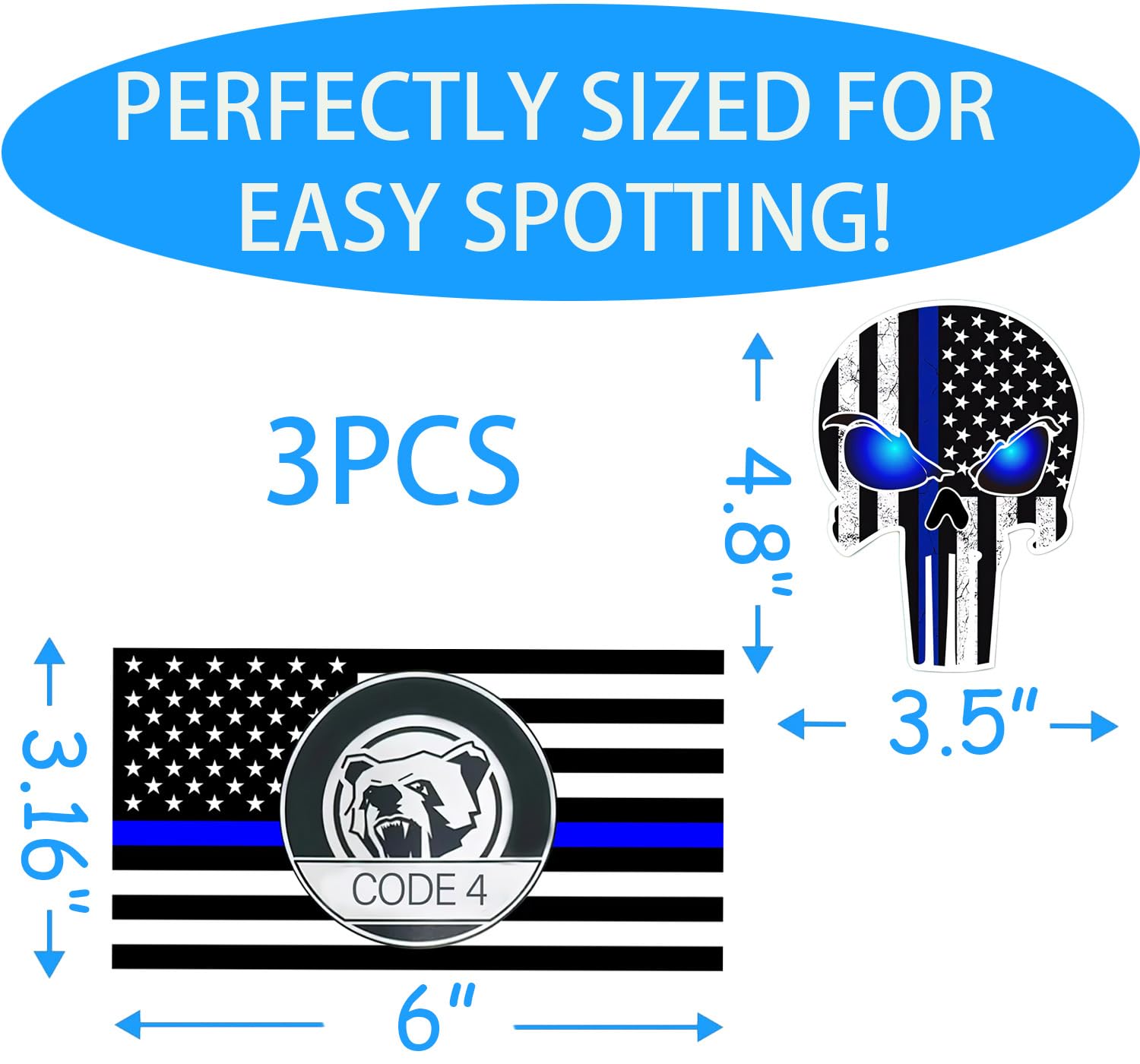 3PCS Thin Blue line Sticker Code 4, Thin Blue Line Skull Decal, Police Support Stickers, American Flag Thin Blue Line Decal, for