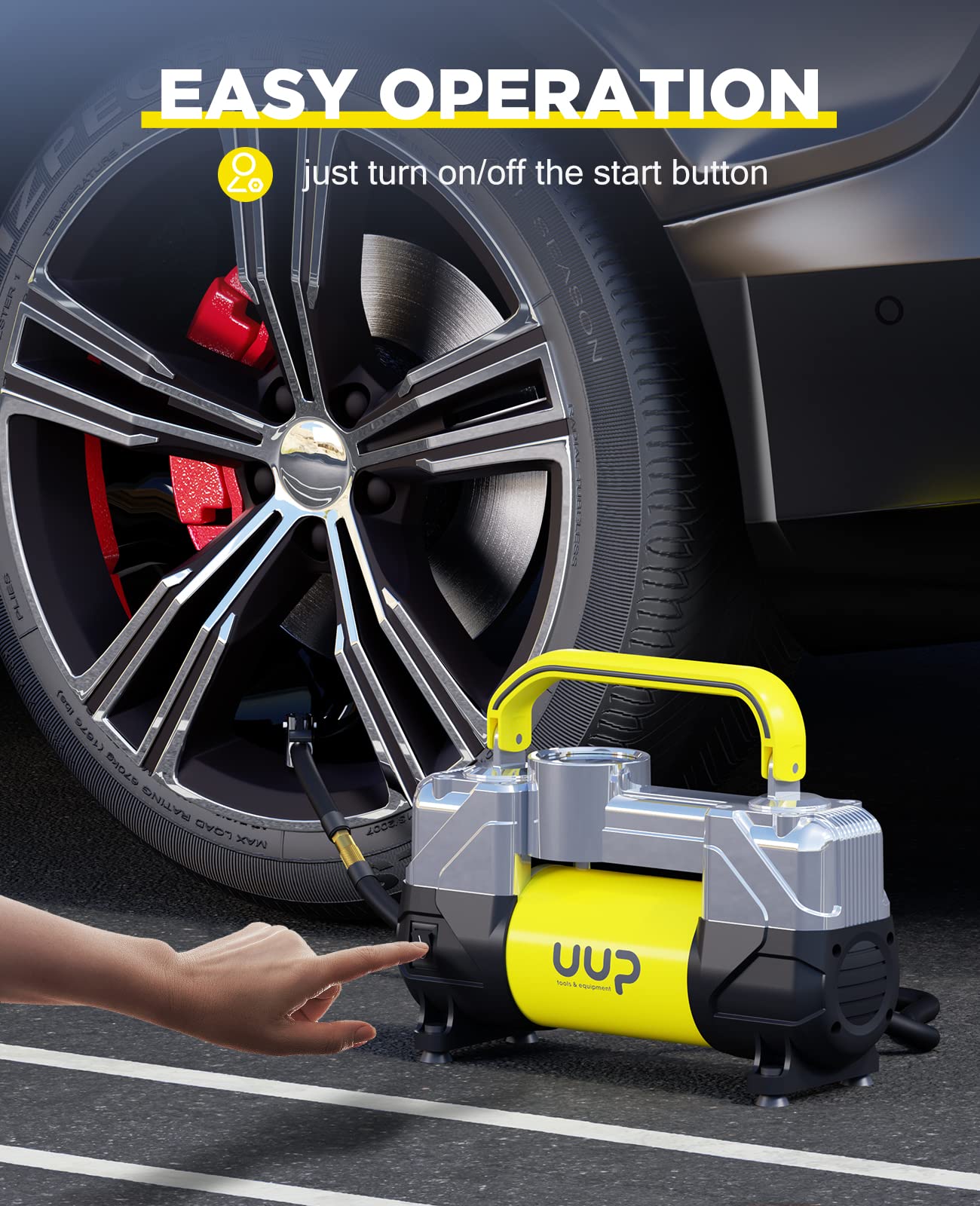 UUP Tire Inflator Air Compressor 150PSI 12V DC Metal Heavy Duty Portable Pump - Small, Yellow, Model AC002 for Truck, SUV, Car, RV