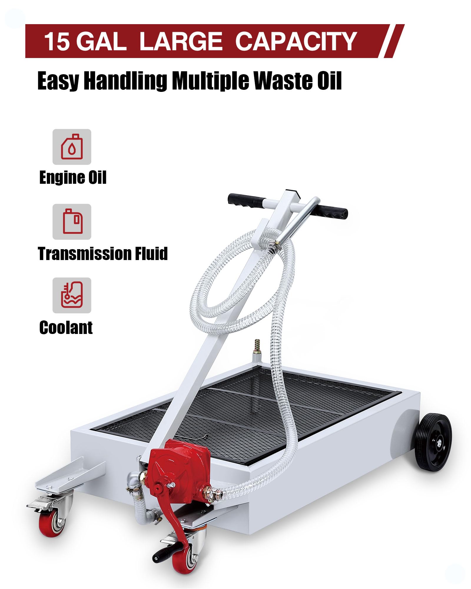 DEXSO 15 Gallon Oil Drain Pan with Hand Pump & 8 Ft Hose, Low Profile & T Folding Handle Oil Drain Cart for Truck Cars SUVs