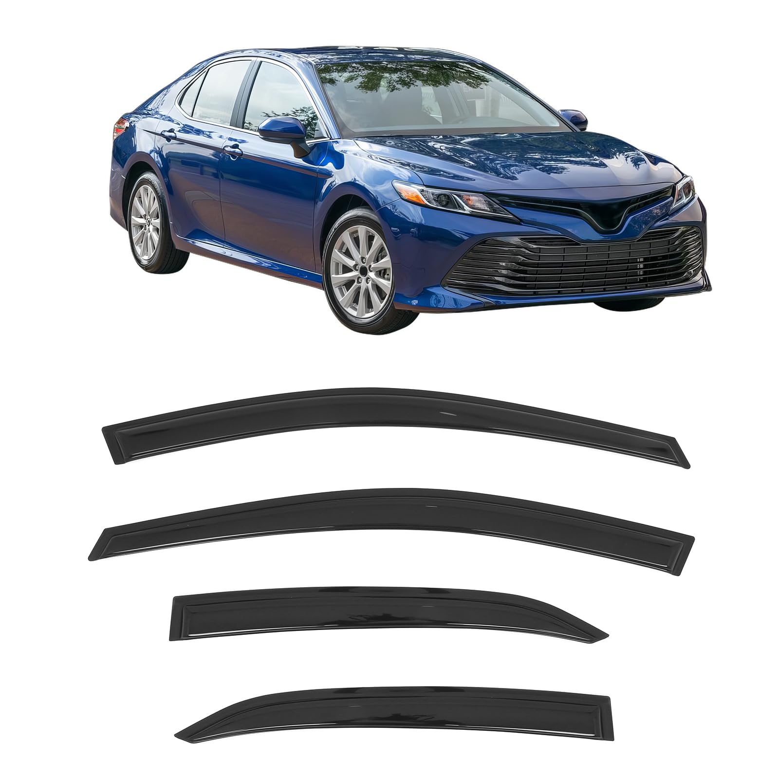 Ikon Motorsports Tape On Window Visors Compatible With 2018-2024 Toyota Camry, Acrylic Slim Style Smoke/Tinted Rain Guards, Side