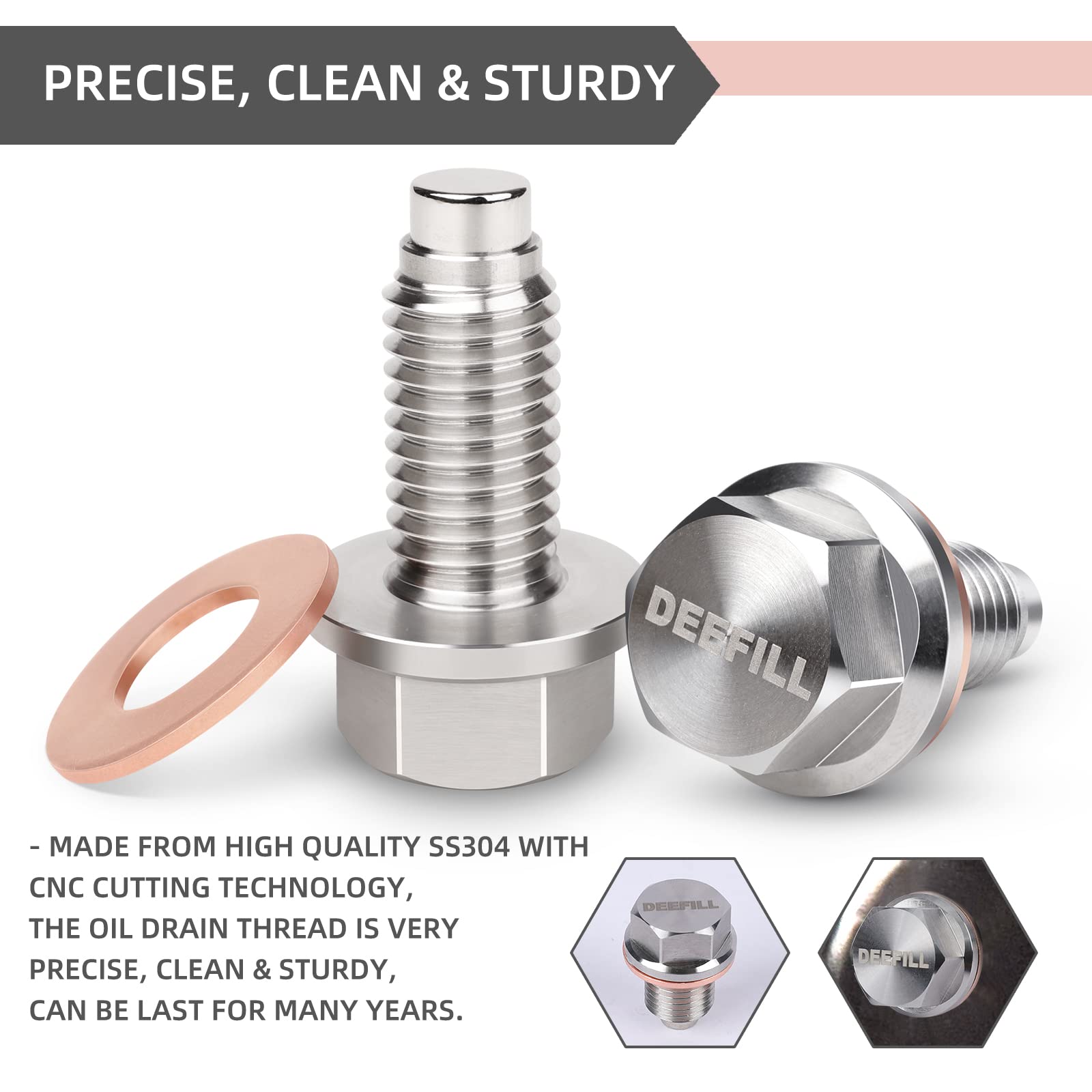 DEEFILL M12 x 1.75 Magnetic Stainless Steel Oil Drain Plug with Copper Crush Washer for GMC, Chevrolet, Buick, Cadillac