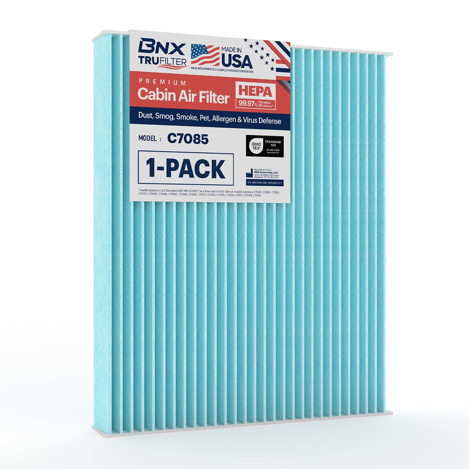 Bnx Trufilter C7085 Cabin Air Filter, Hepa 99.97%, Made In Usa, Compatible With Hyundai: Accent, Elantra, Elantra Gt; Kia: Forte