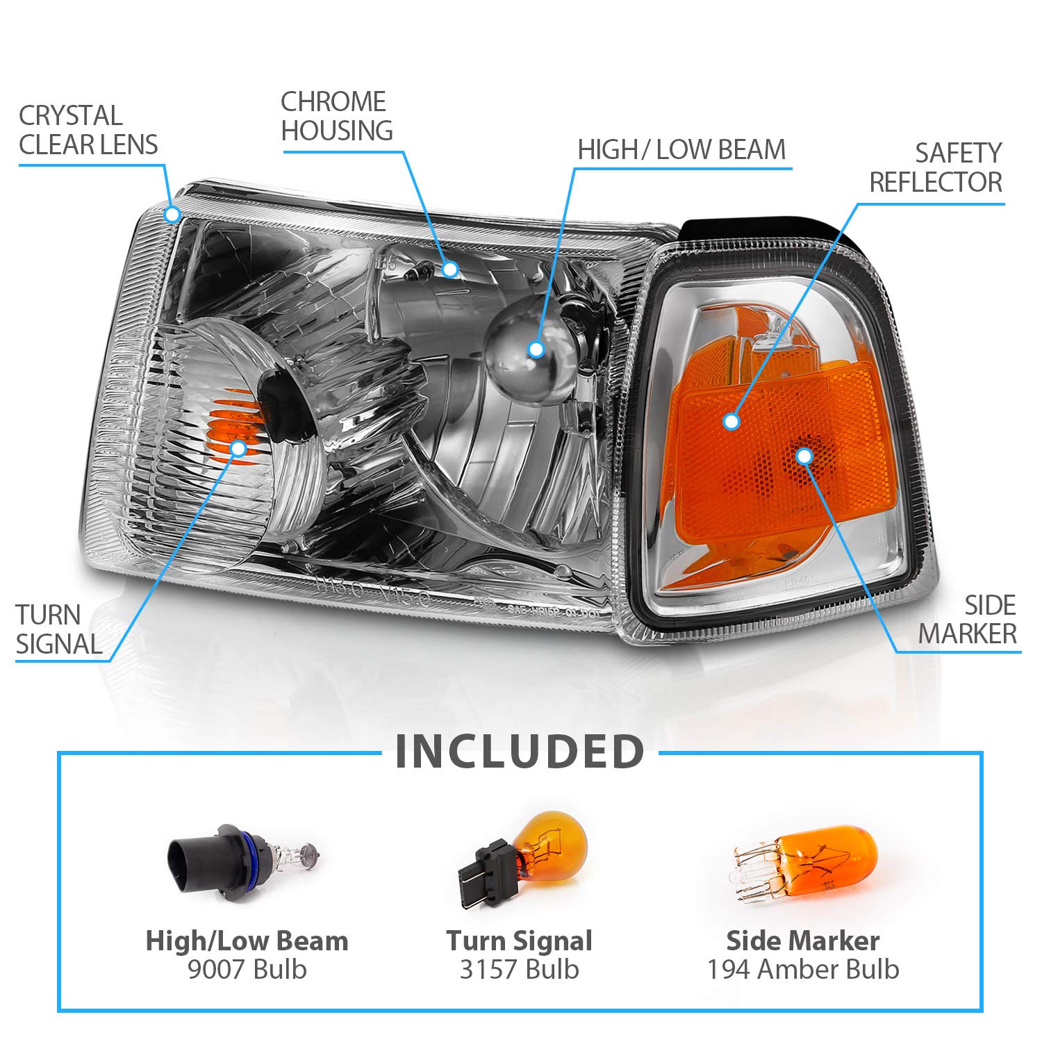 Amerilite For 2001-2011 Ford Ranger Pickup Truck Chrome Factory Oe Style Replacement Headlights Assembly Corner Lamp Combo Set - Driver And Passenger Side