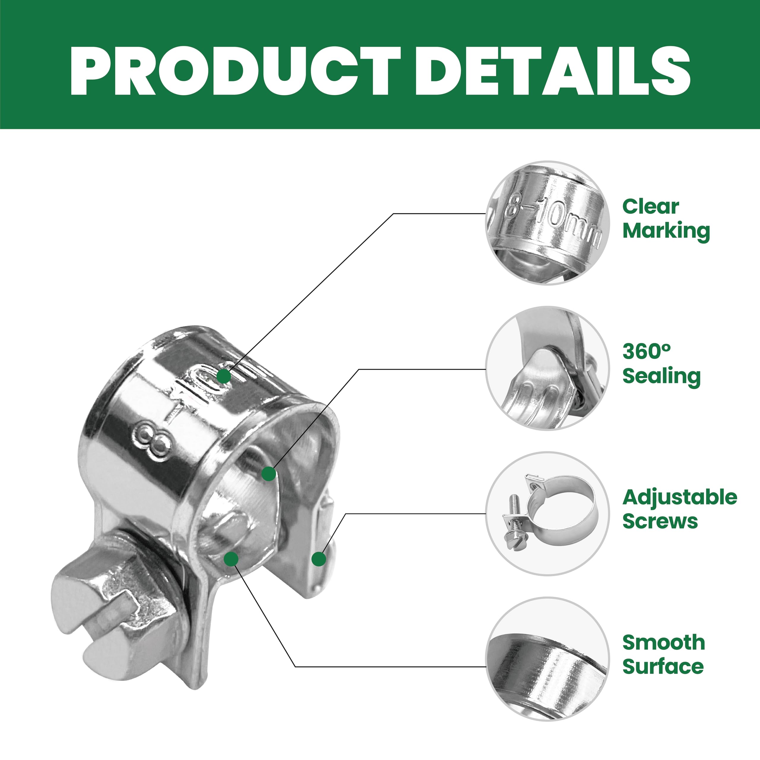 LAR-ME 1/8'' Mini Fuel Injection Hose Clamps, 20PCS Gas Line Hose Clamp, Adjustable Pipe Hose Clip Tube Clamps for Automotive,Ag