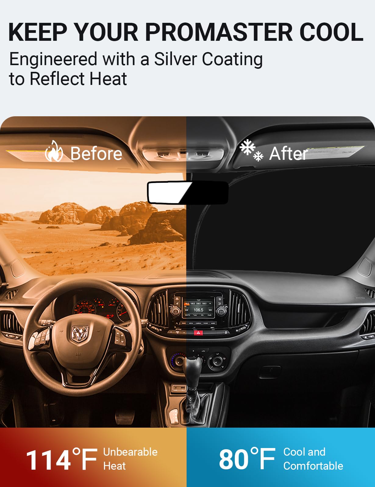 Proadsy 2025 Upgrade Windshield Sun Shade Custom Fit Dodge Ram Promaster 2014-2024 2025 4-Layer Foldable Front Sunshade Protecto