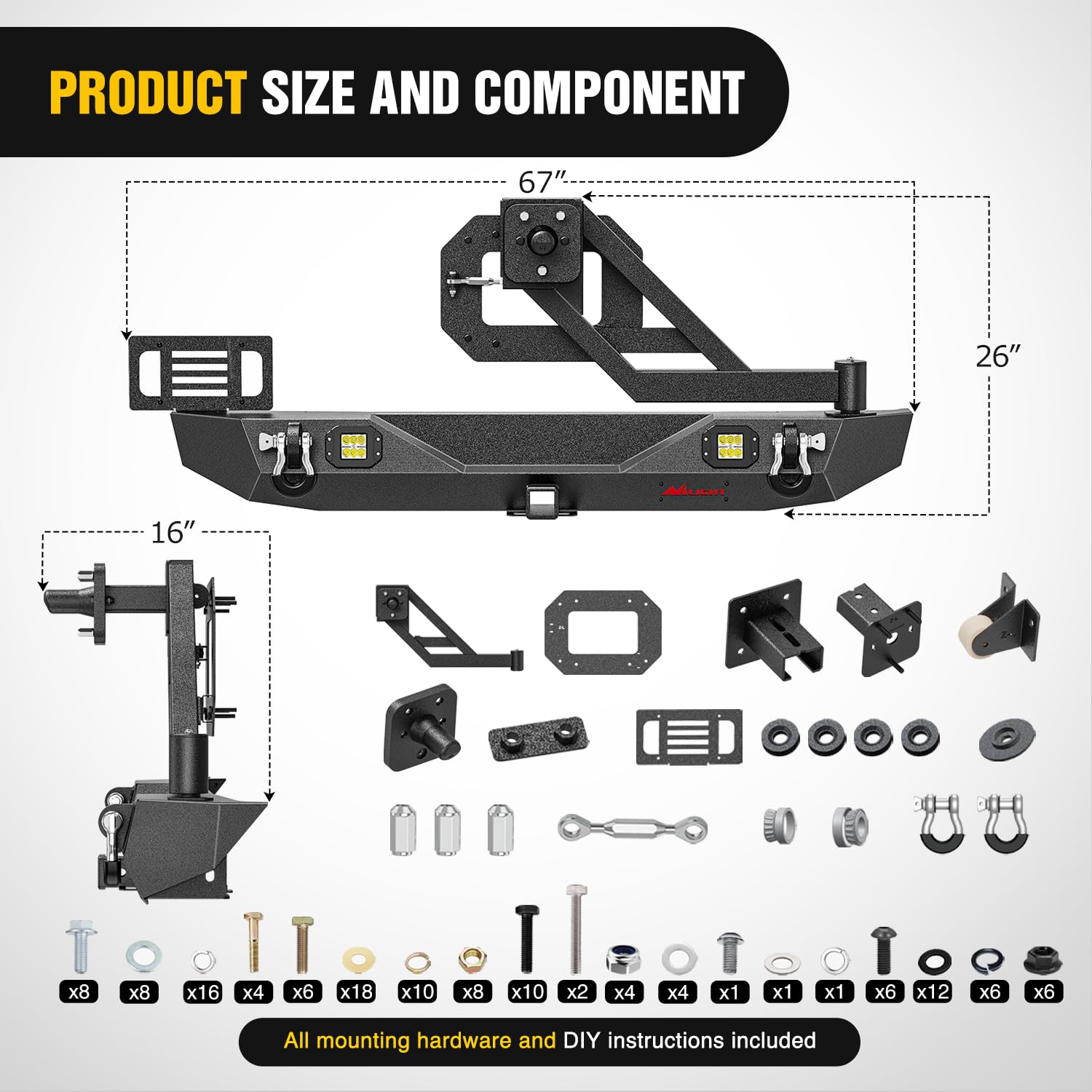 Nilight Rear Bumper With Spare Tire Carrier Compatible For 2018-2025 Wrangler Jl Jlu Unlimited(2/4 Doors) 2'' Hitch Receiver W L