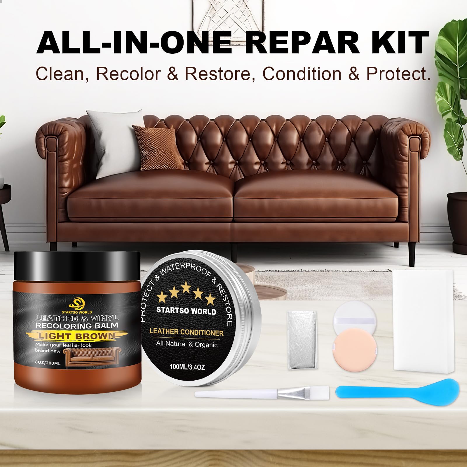 Startso World 200Ml Leather Recoloring Balm With 100Ml Leather Conditioner, Light Brown Leather Repair Kit For Furniture, Leathe