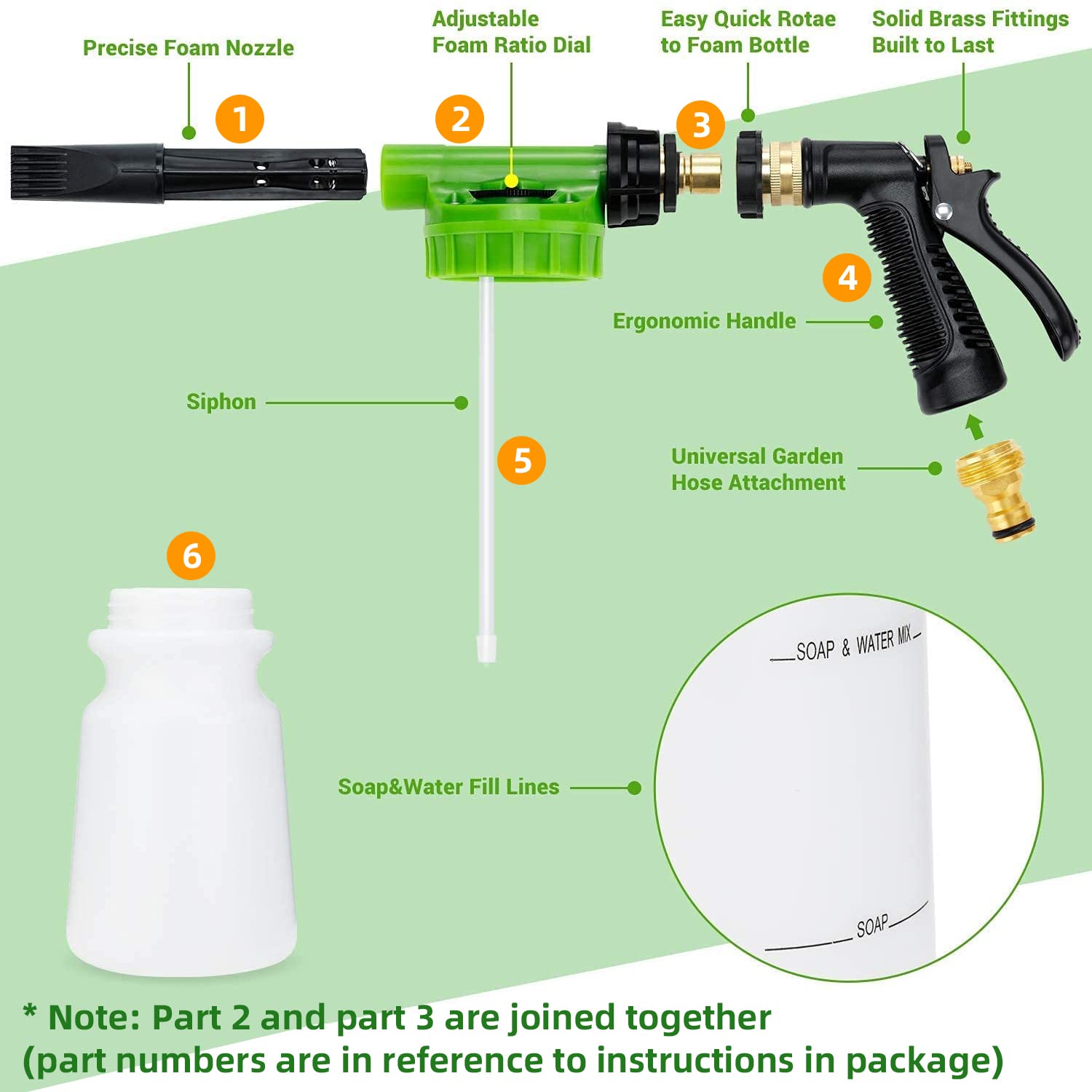 Ohuhu Car Wash Foam Gun, Car Wash Soap Sprayer With 3/8 Brass Connector & Car Washing Mitts, Dual Filtration, 6 Levels Of Foam Concentration, Quick Connect To Most Garden Hose (Green)