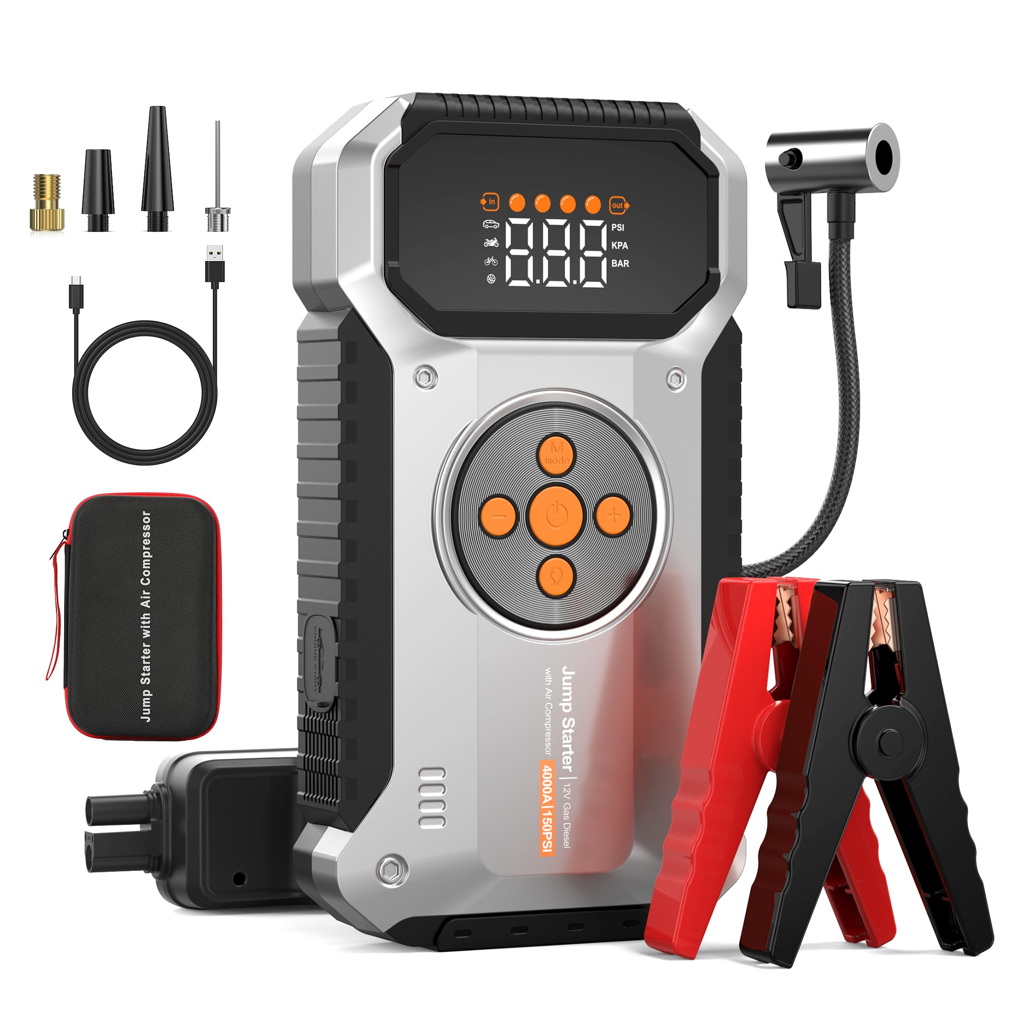 ZKpilse Car Jump Starter with Air Compressor, 4000A 12V Portable Jump Starter (All Gas/9L Diesel), Car Battery Jump Box with 150