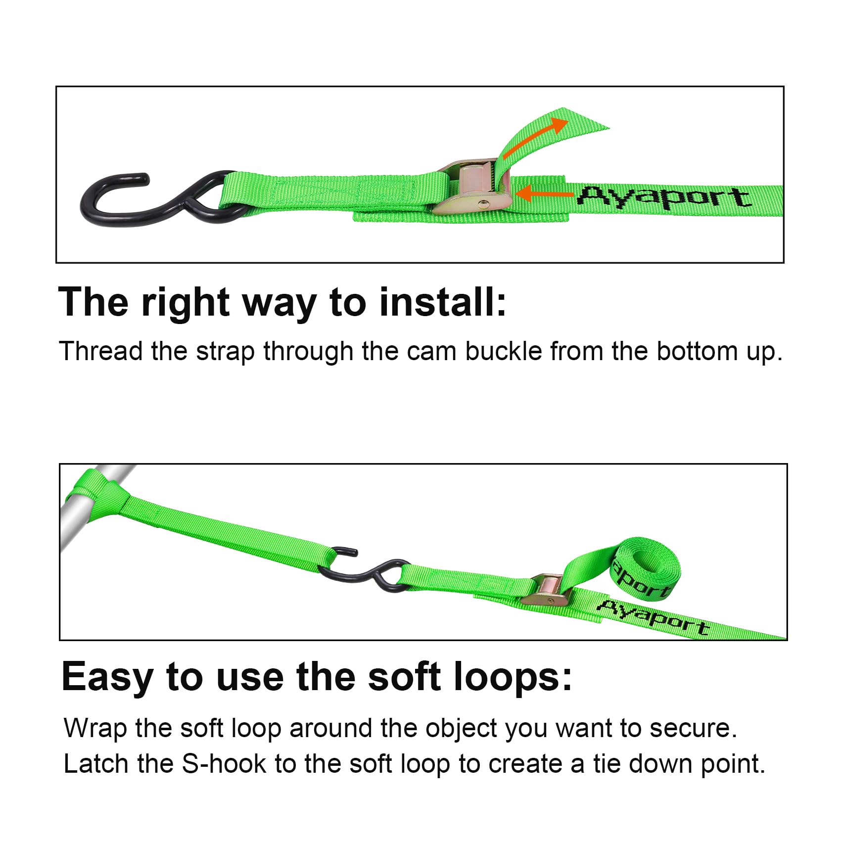 Ayaport Cam Buckle Tie Down Straps 6 Feet 2200Lbs Break Strength Green Securing Straps With S Hooks For Motorcycle, Kayak, Car,