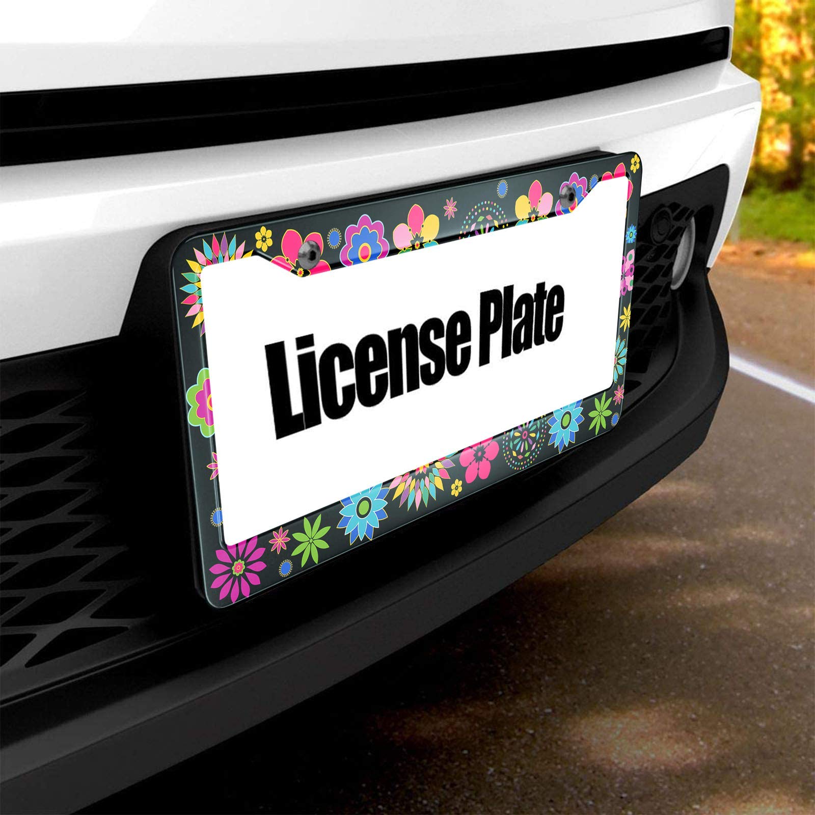 HOSNYE Multi Coloured Floral License Plate Frame Unique Retro Flower Metal License Plate Cover Front Plates Frames Car Tag Frame