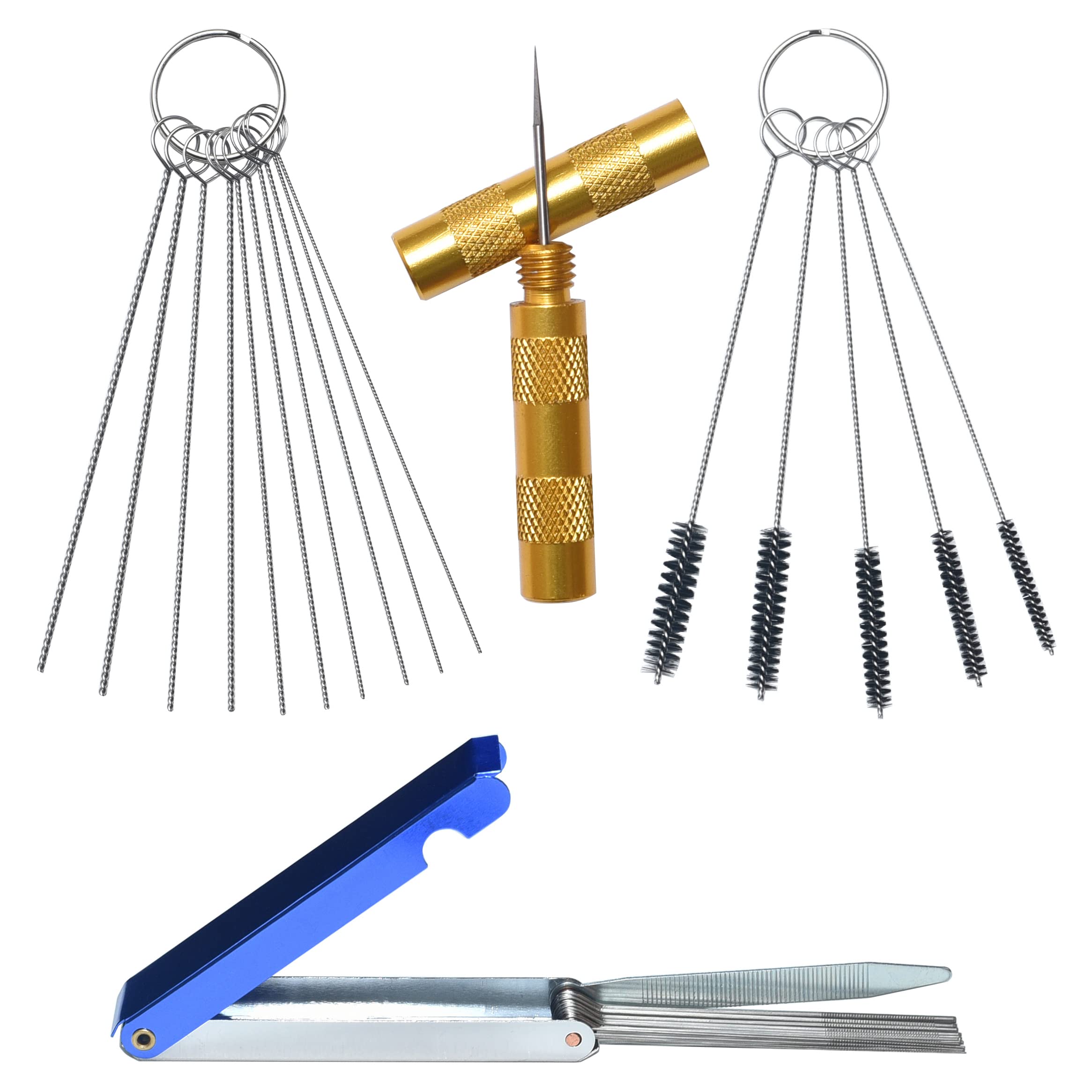 Carburetor Carbon Dirt Jet Remove Cleaner, 13 Cleaning Wires Set + 10 Cleaning Needles + 5 Nylon Brushes + 1 Sharp Pick Tool Kit For Motorcycle Atv Moped Welder Carb Chainsaw Spray Guns Torch Tips