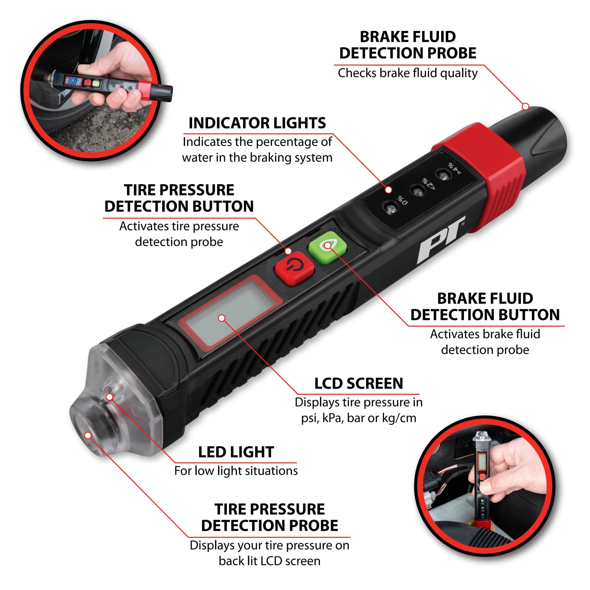 Performance Tool W183 2-1 Brake Fluid And Tire Pressure Tester - Accurately Measure Your Vehicle'S Brake Fluid And Tire Pressure Levels With Ease