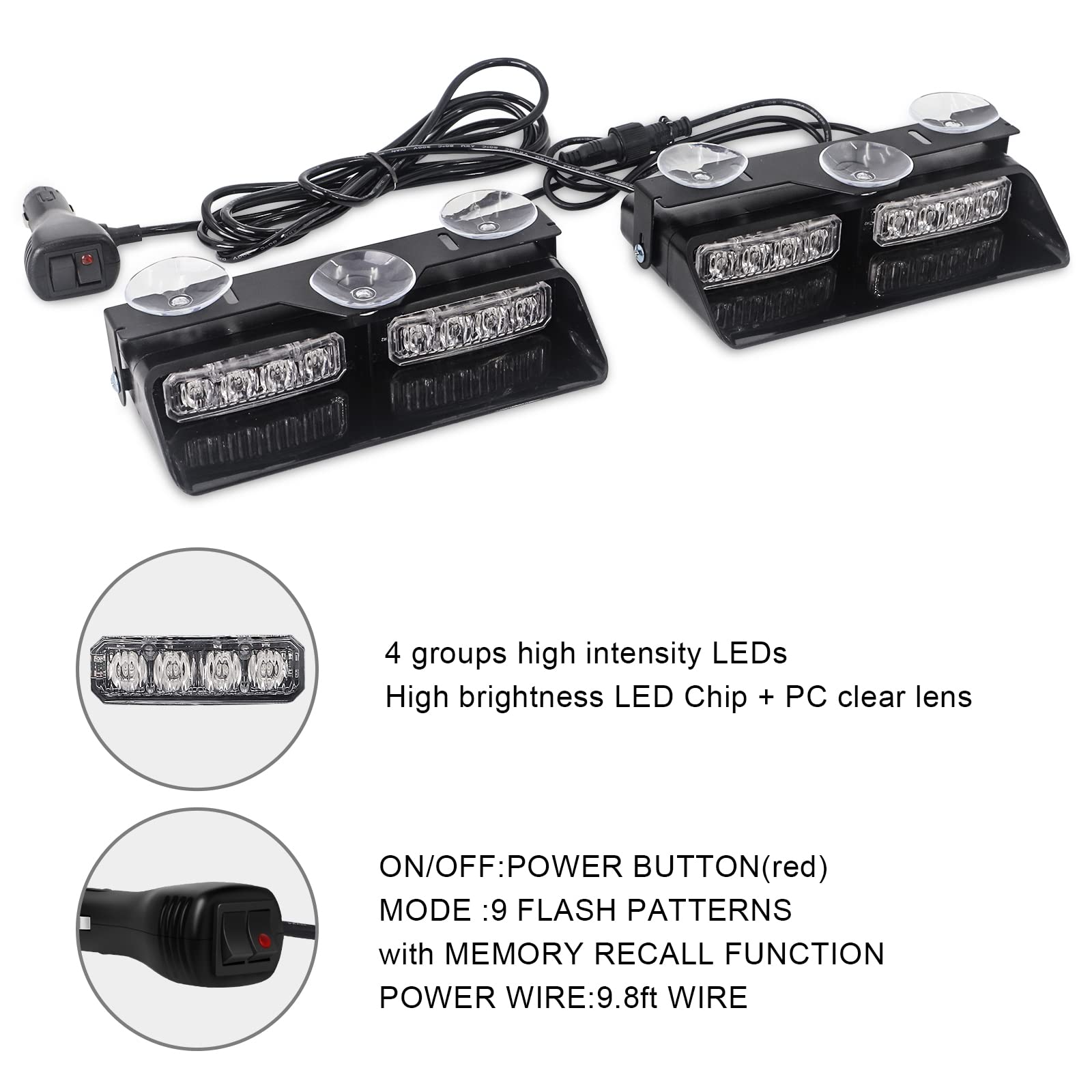 Xridonsen White 2 In 1 Dash Emergency Strobe Lights Front/Rear Windshield Lights Warning Safety Flashing W/Suction Cups For Volu