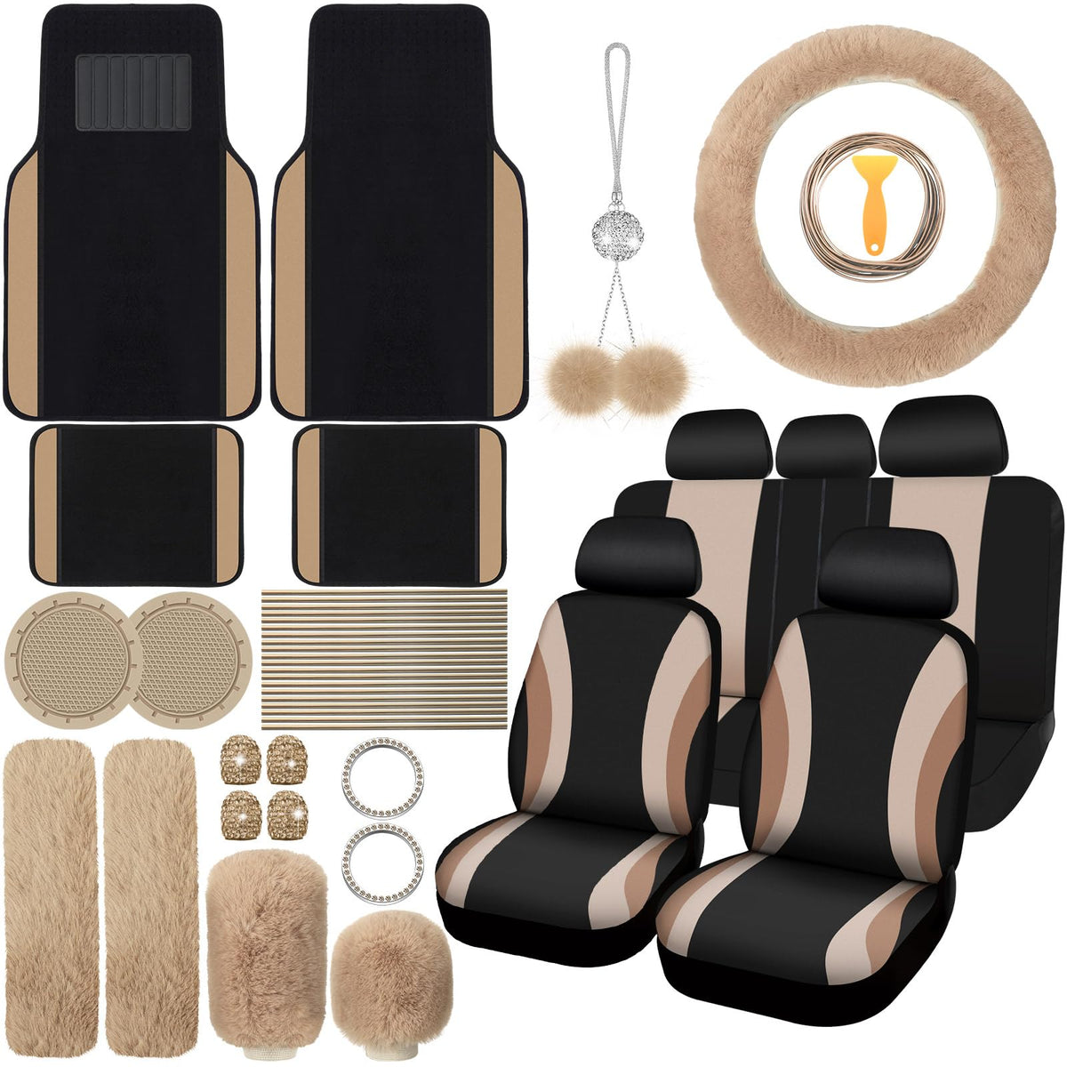 ROCEEI 47 Pcs Car Seat Cover Full Set Car Accessories for Front Rear Seat Fluffy Steering Wheel Cover Belt Automotive Floor Mats