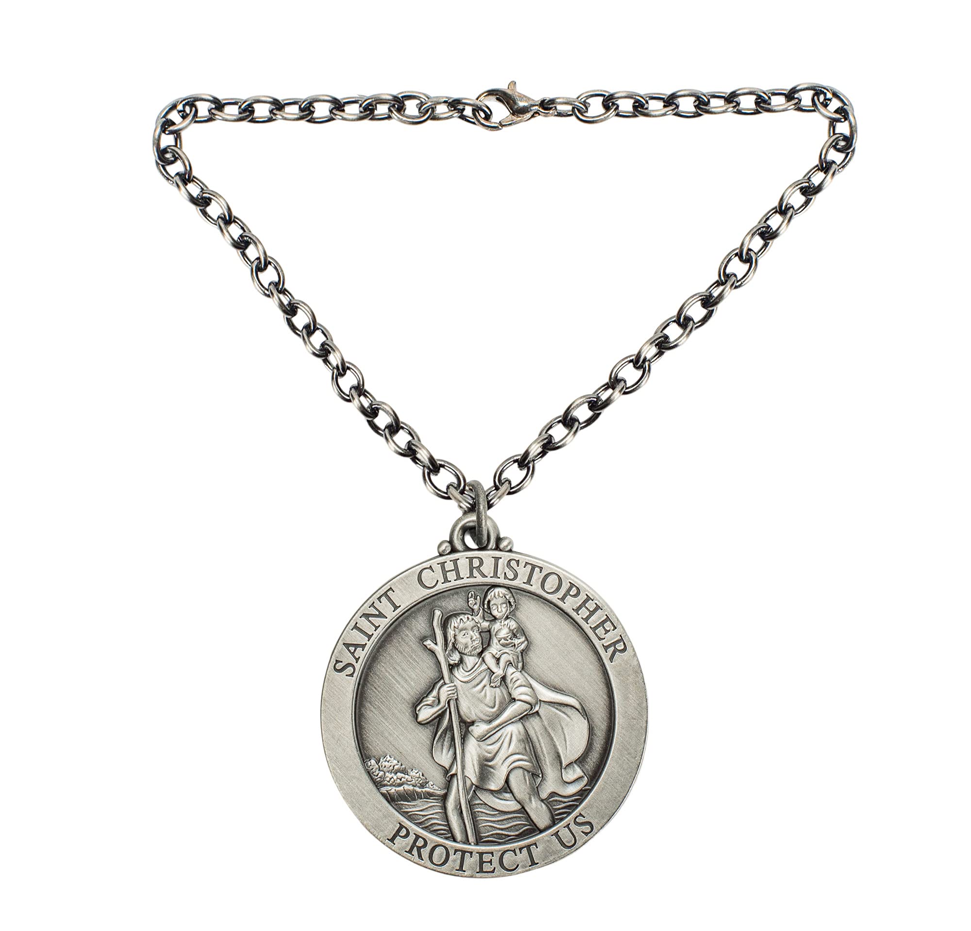 Dicksons Saint Christopher Protect Us Silver Tone 7 Inch Zinc Alloy Metal Auto Mirror Dangle Car Charm