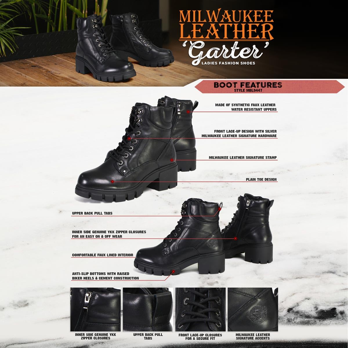 Milwaukee Leather Women's Garter Premium Black Lace-Up Fashion Motorcycle Boots MBL9447-7