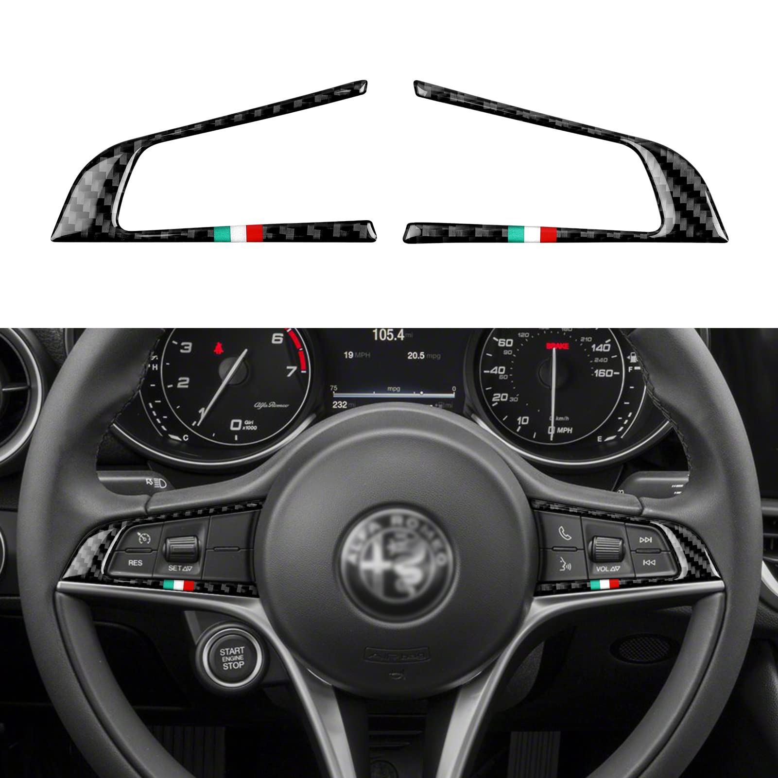 2Pcs Car Steering Trim Sticker Cover Carbon Fiber Decal Fits For Alfa Romeo Giulia Stelvio 2016 2017 2018 2019 Interior Accessories (Black)