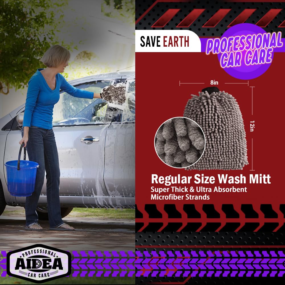 Aidea Car Wash Mitt Microfiber-2Pack, Scratch-Free& Lint-Free, Premium Chenille Microfiber Wash Mitt-Grey Extra Large Size (8''X