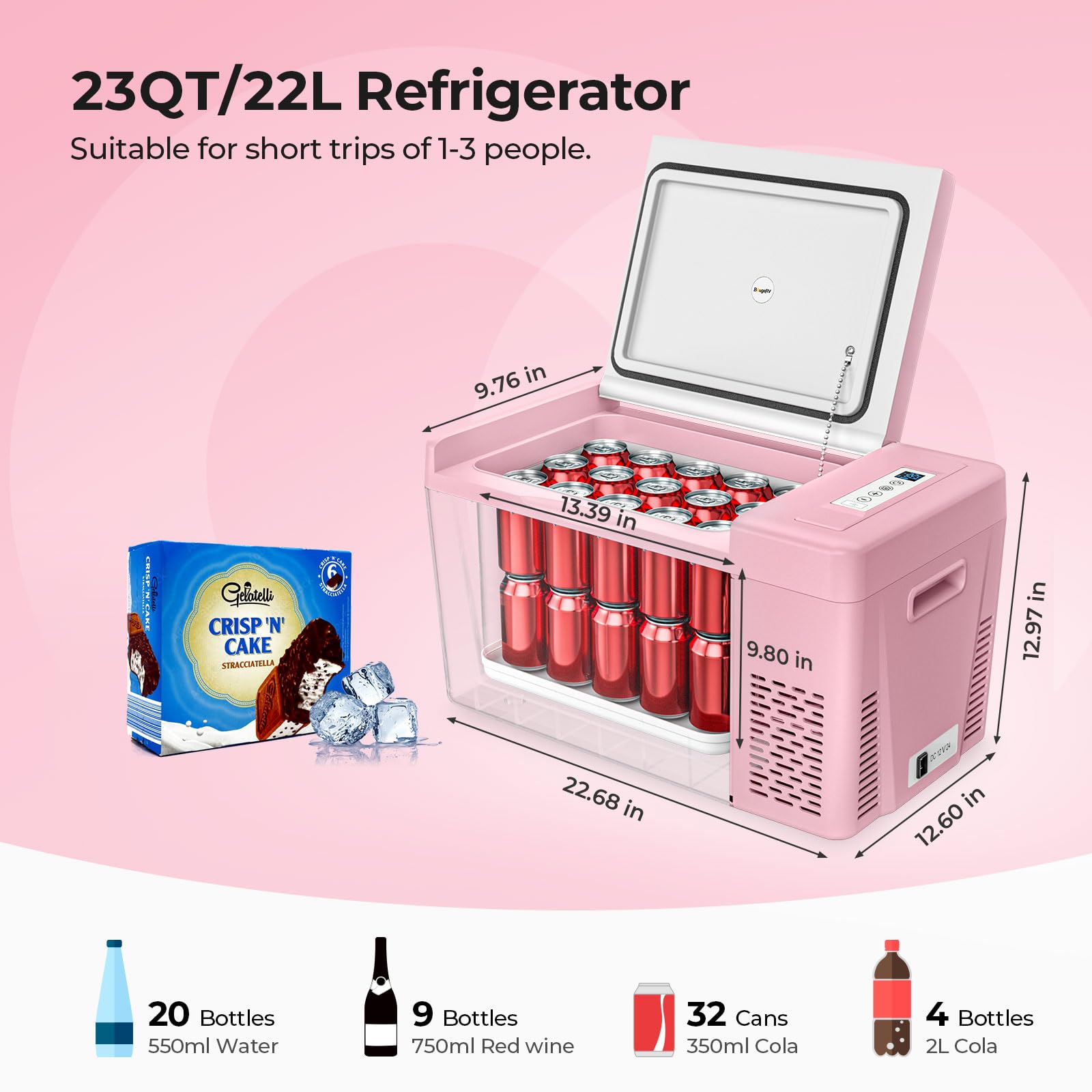 Bougerv Pink 23Quart Portable Refrigerator, 12 Volt Fridge 22L, Portable Freezer Compressor Cooler 12/24V Dc 110~240 Volt Ac For