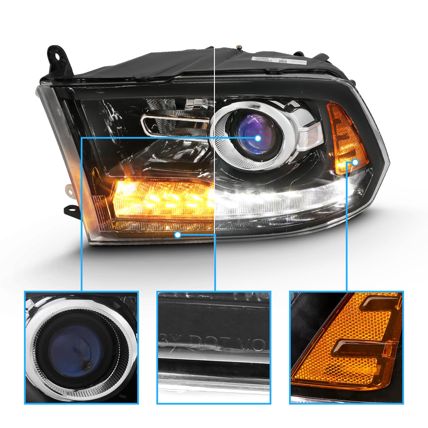 Amerilite Halogen, Led, Projector Headlights For 2009-2018 Dodge Ram 1500 2500 3500 Assembly Tube Turn Signal Set, Vehicle Light Assembly, Polished Black With Switchback Led