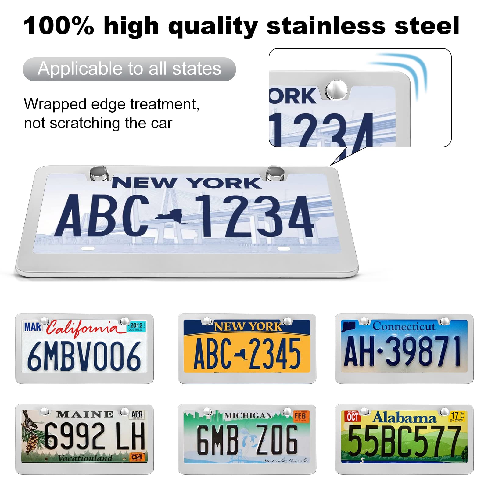 Quanqiufei 2 Pack License Plate Frames, Stainless Steel Car License Plate Cover Car Accessories With Screw Caps (Silver)