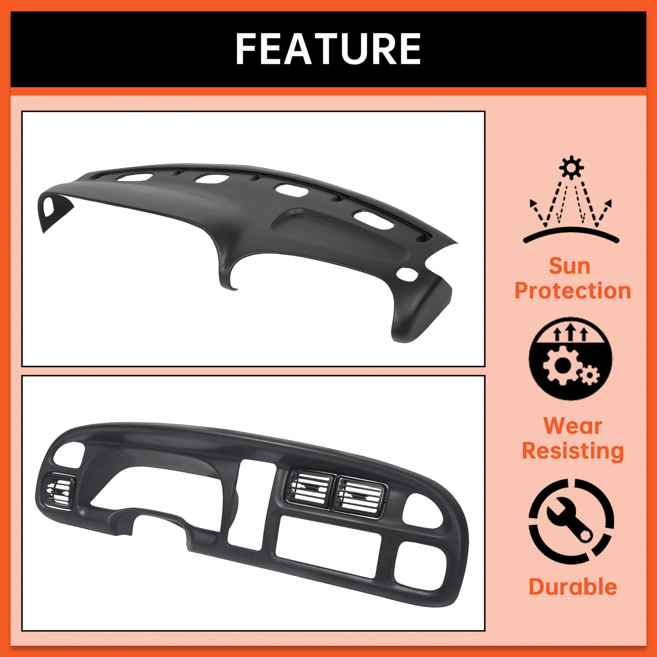 Ecotric Bezel Cover Instrument W/Vent & Dashboard Overlay Cover Kit Compatible With 1998-2002 Dodge Ram 1500 2500 3500 Bezel & D