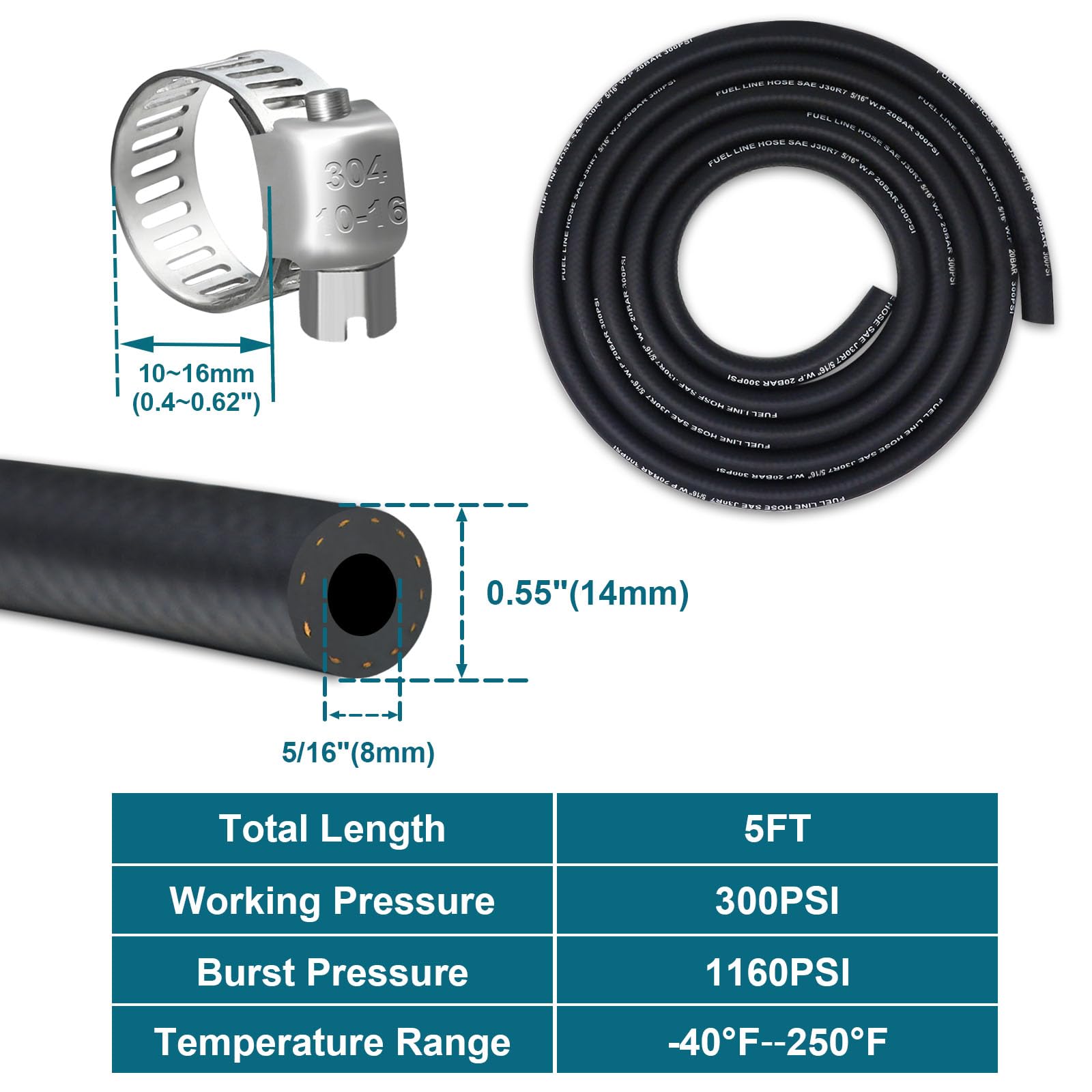 Vwtni 5/16 Fuel Line, Fuel Line Hose 5 Feet, Nbr Rubber Gasoline Tube With 5Pcs Stainless Steel Clamps, Fuel Line Kit.