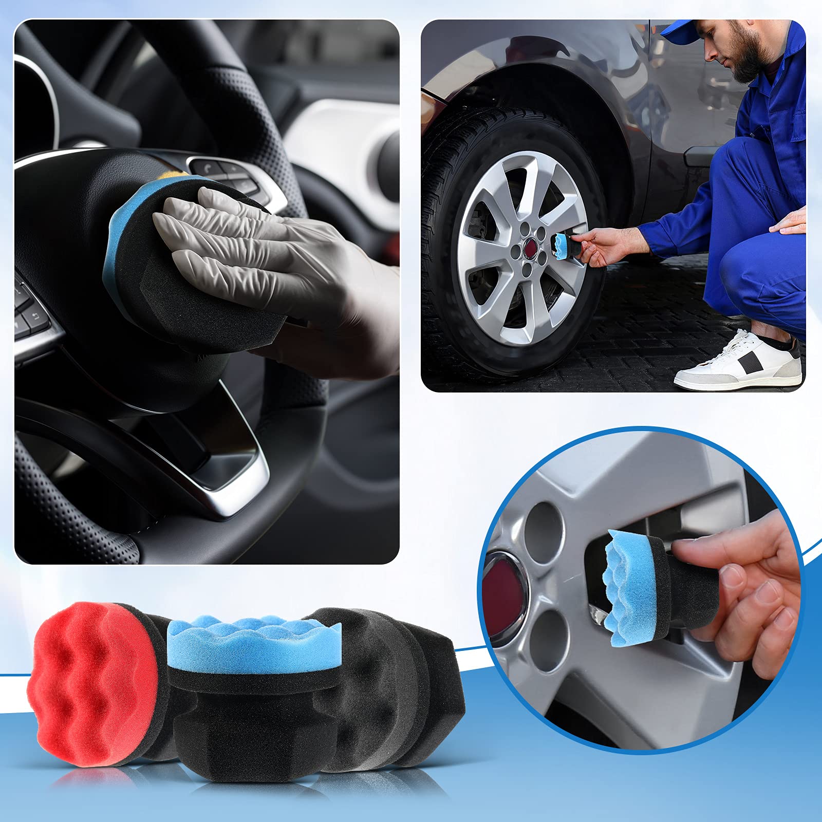 3 Pieces Tire Shine Applicator Pads - Dressing Sponge Foam Gel Wet Car Detailing Reusable Cleaning Supplies (Black, Red, Blue, 3