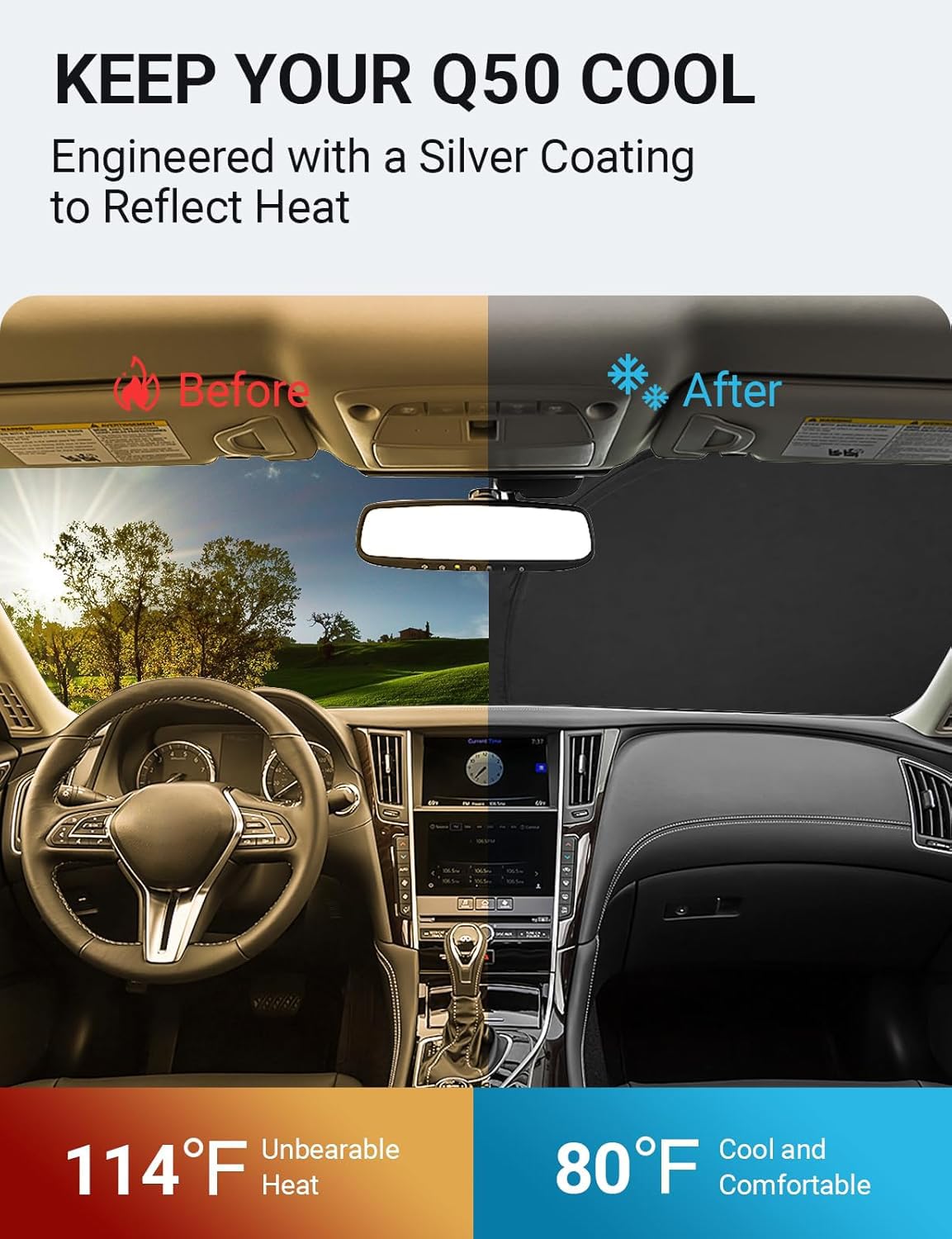 Proadsy 2025 Upgrade Windshield Sun Shade Custom Fit Infiniti Q50 2014-2025 4-Layer Foldable Front Sunshade Protector Sun Visor