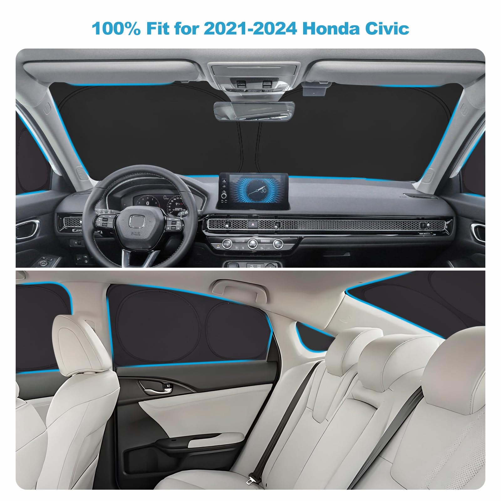 XCBYT 2021-2024 Civic Window Shades | 6 Layers Thickened Car Window Covers | 2 in 1 Car Full Window Privacy Curtains | 100% Blac