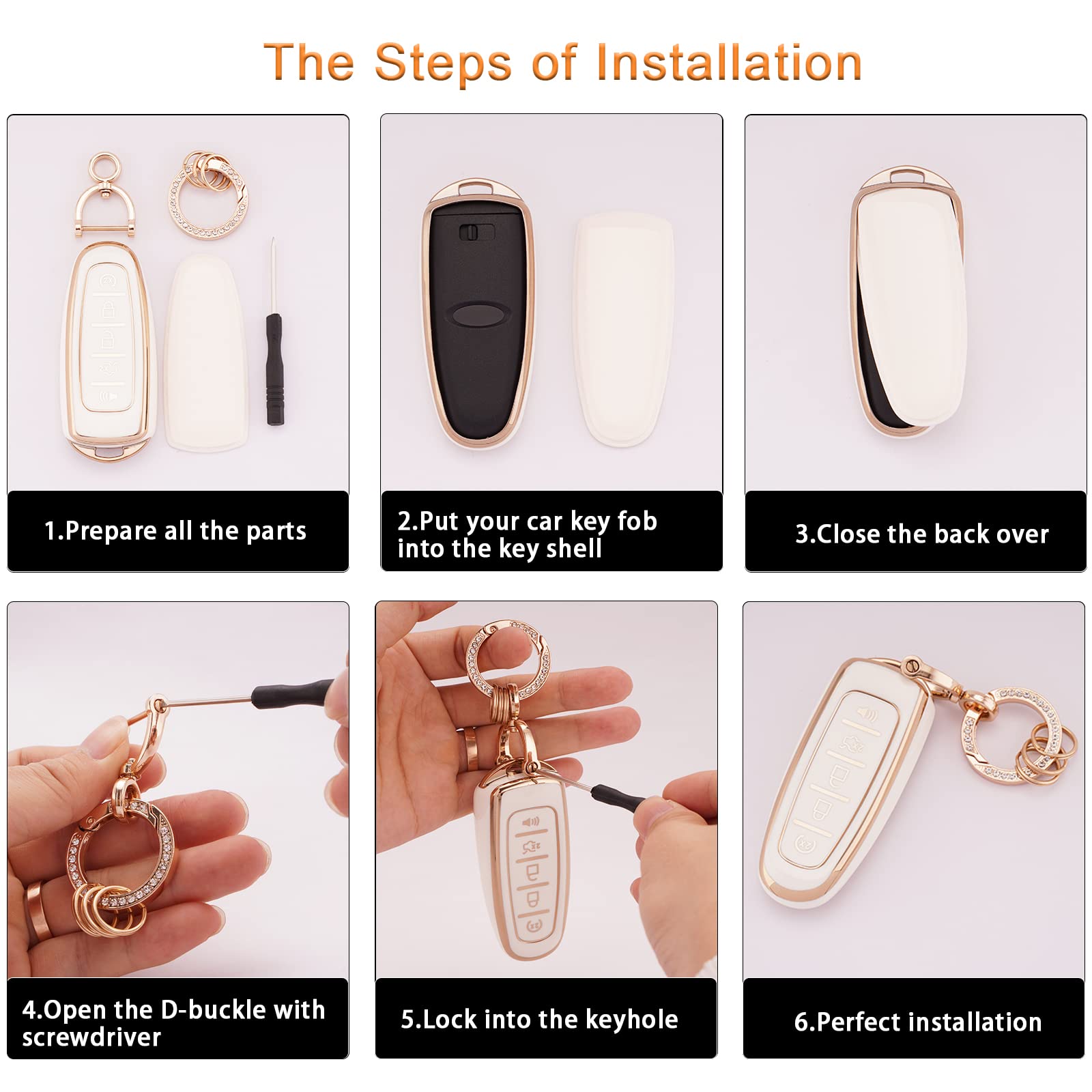 EKALA for Ford Key Fob Cover with Bling Keychain, 5 Buttons Soft TPU Keys Shells White Key Fob Cover Compatible with Ford Edge F