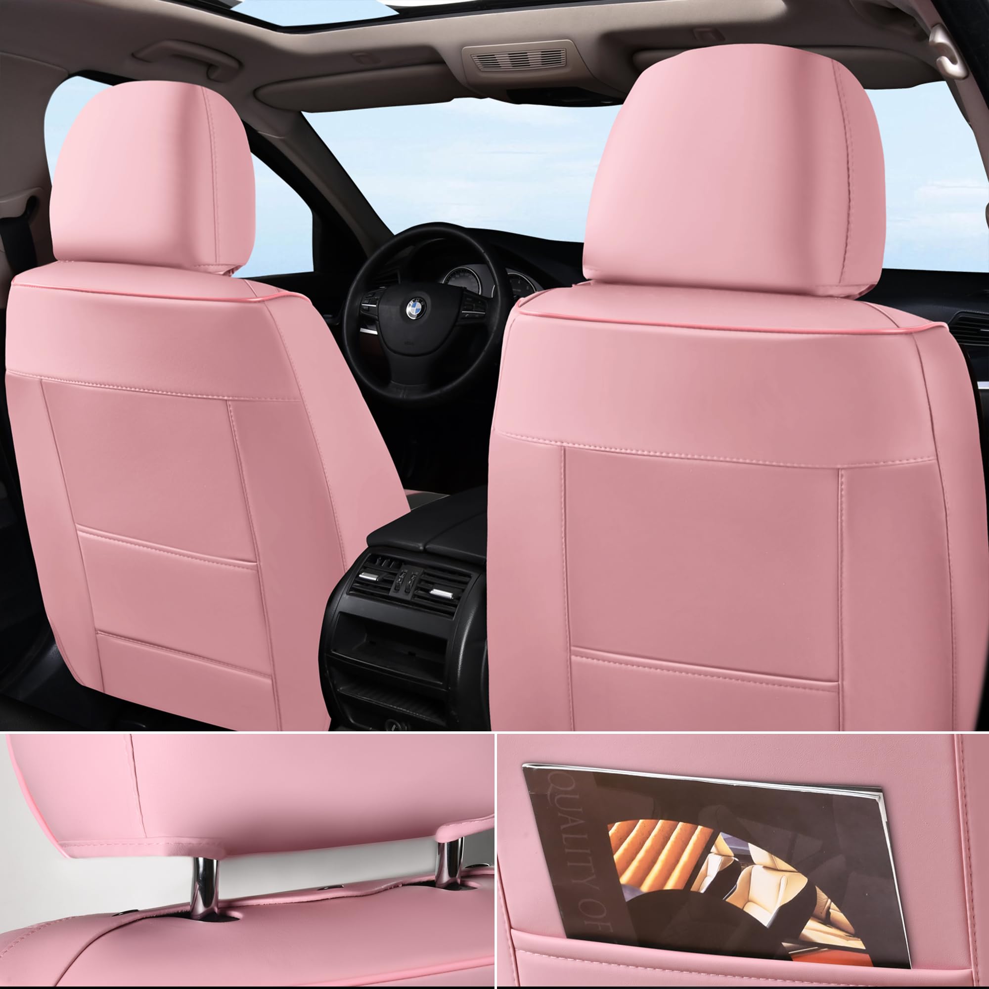 Doogo Leather Seat Covers Full Set, Car Seat Covers 5 Seats, Automotive Seat Covers, Waterproof Pink Leather Seat Cushions Prote