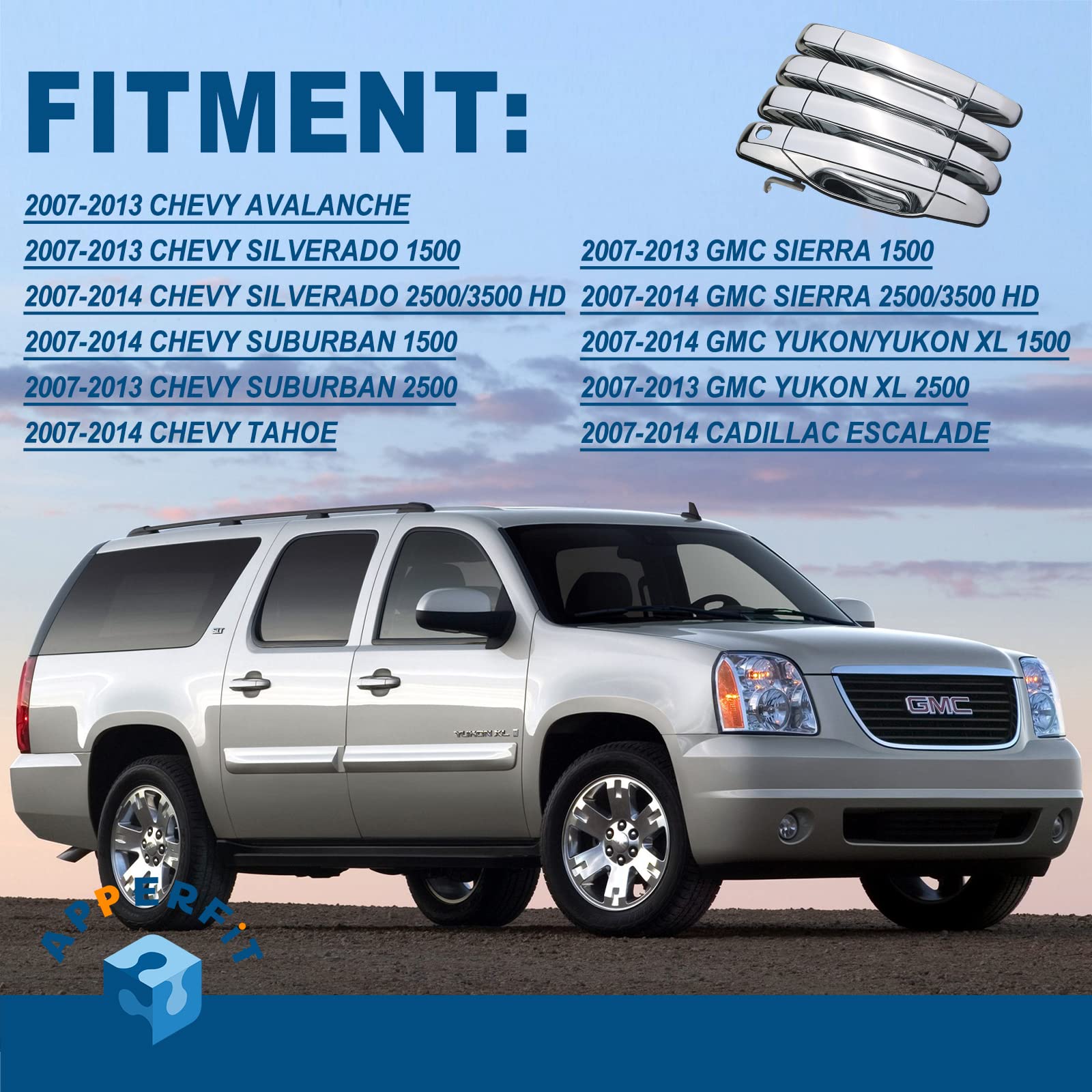 Apperfit Exterior Door Handle (Upgraded) Chrome Compatible With 2007-2013 Chevy Chevrolet Silverado Suburban Tahoe Avalanche, Gmc Sierra Yukon, Cadillac Escalade Replaces 22738721 22738722 22738725