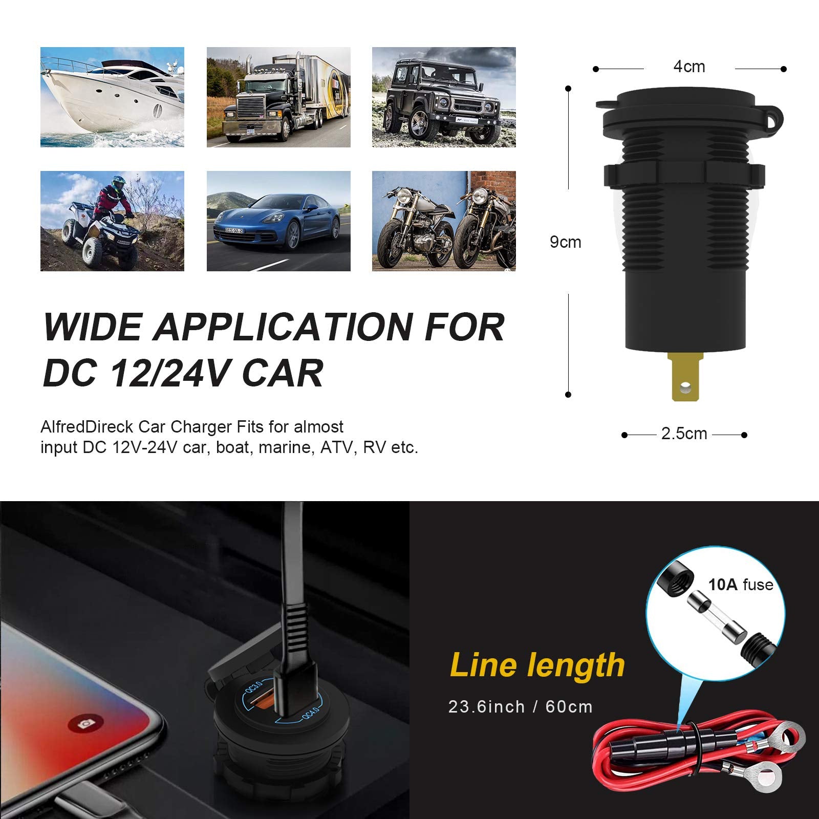 Quick Charge 4.0 PD Type C and Quick Charge 3.0 USB Charger Socket, AlfredDireck 12V/24V Car Power Outlet Waterproof Socket with
