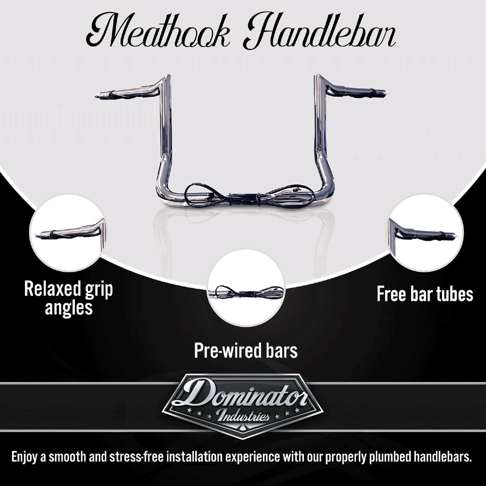 Dominator Industries 1 1/4' Pre-Wired 12' Meathook Bar Ape Hanger Handlebar Compatible With 2014-2023 Harley-Davidson Bagger Touring Electra, Street Glide, Special, Ultra Limited, Low (Chrome)