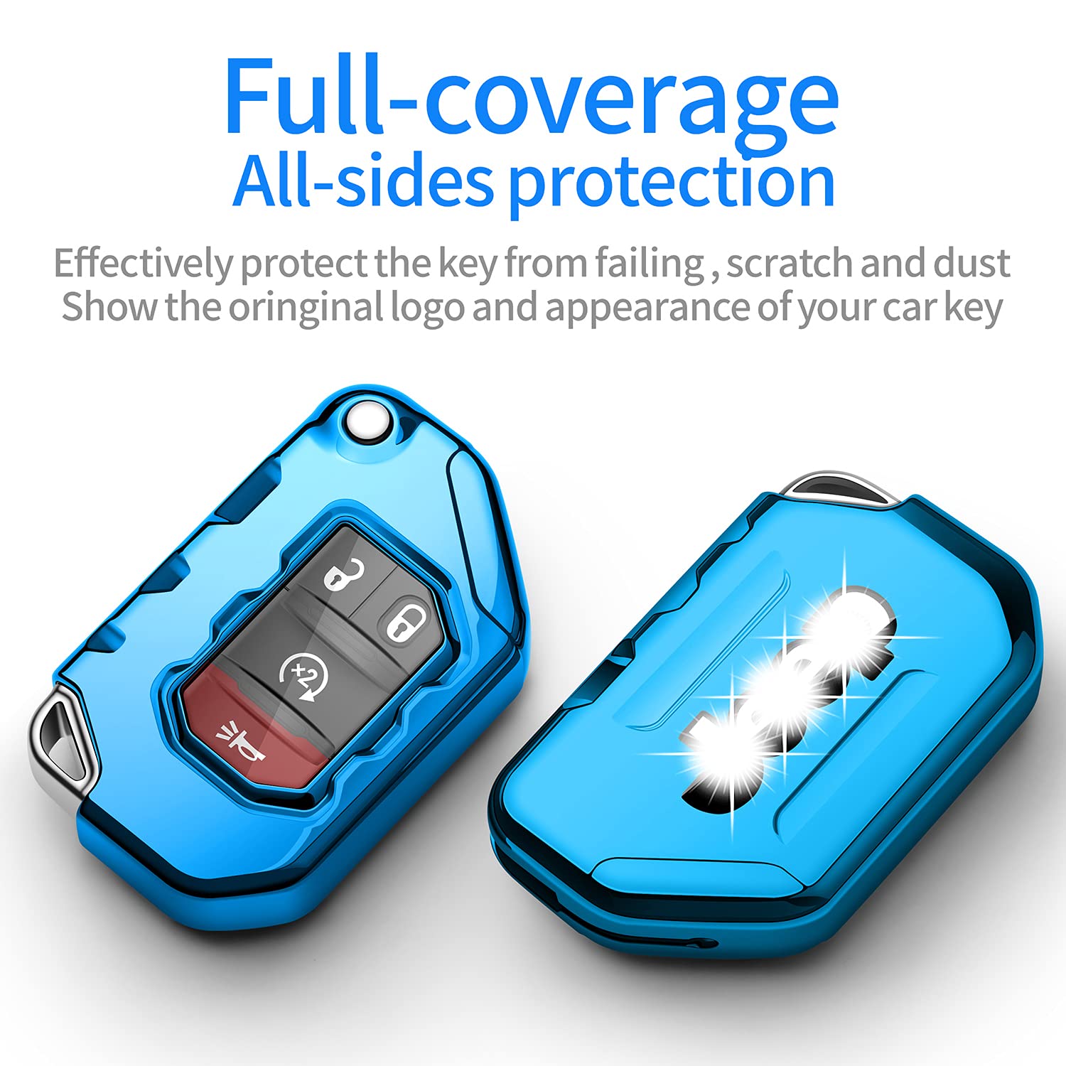 Autophone Compatible With Jeep Key Fob Cover With Leather Keychain Soft Tpu Protection Key Case For 2018 2019 2020 2021 Wrangler Jl Gladiator Remote Key(Aurora Blue)